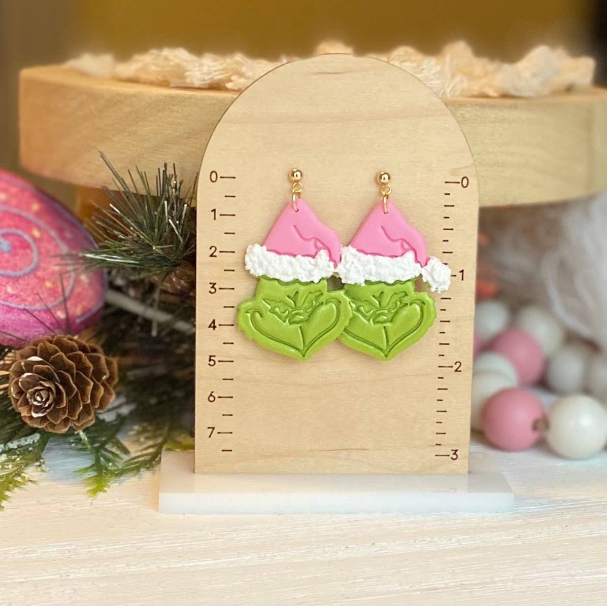 Pink Mean Green Christmas Clay Earrings: Pink