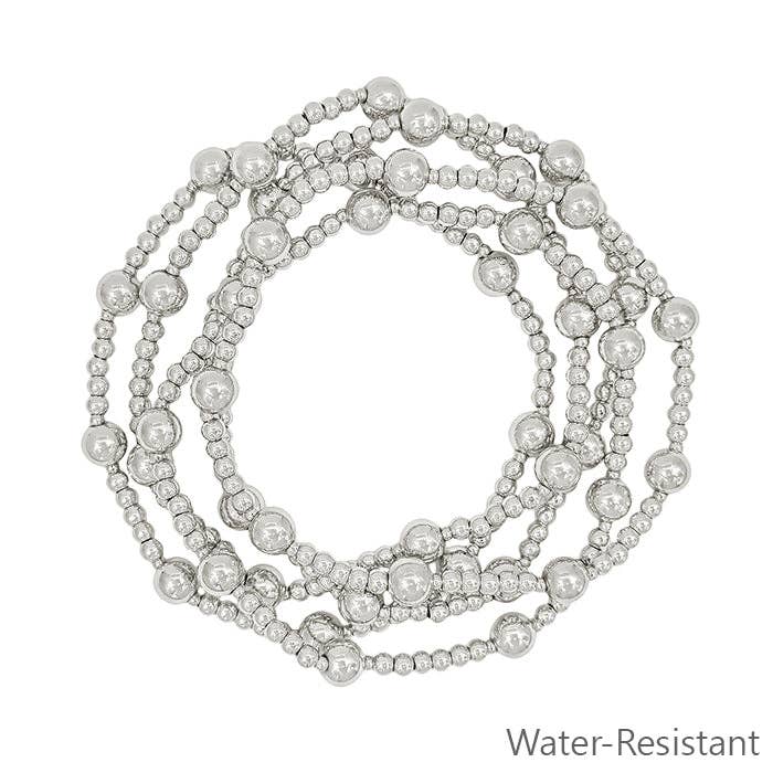 Water Resistant Set of 5 3mm Small Silver Beaded with 6MM Beaded Stretch Bracelets