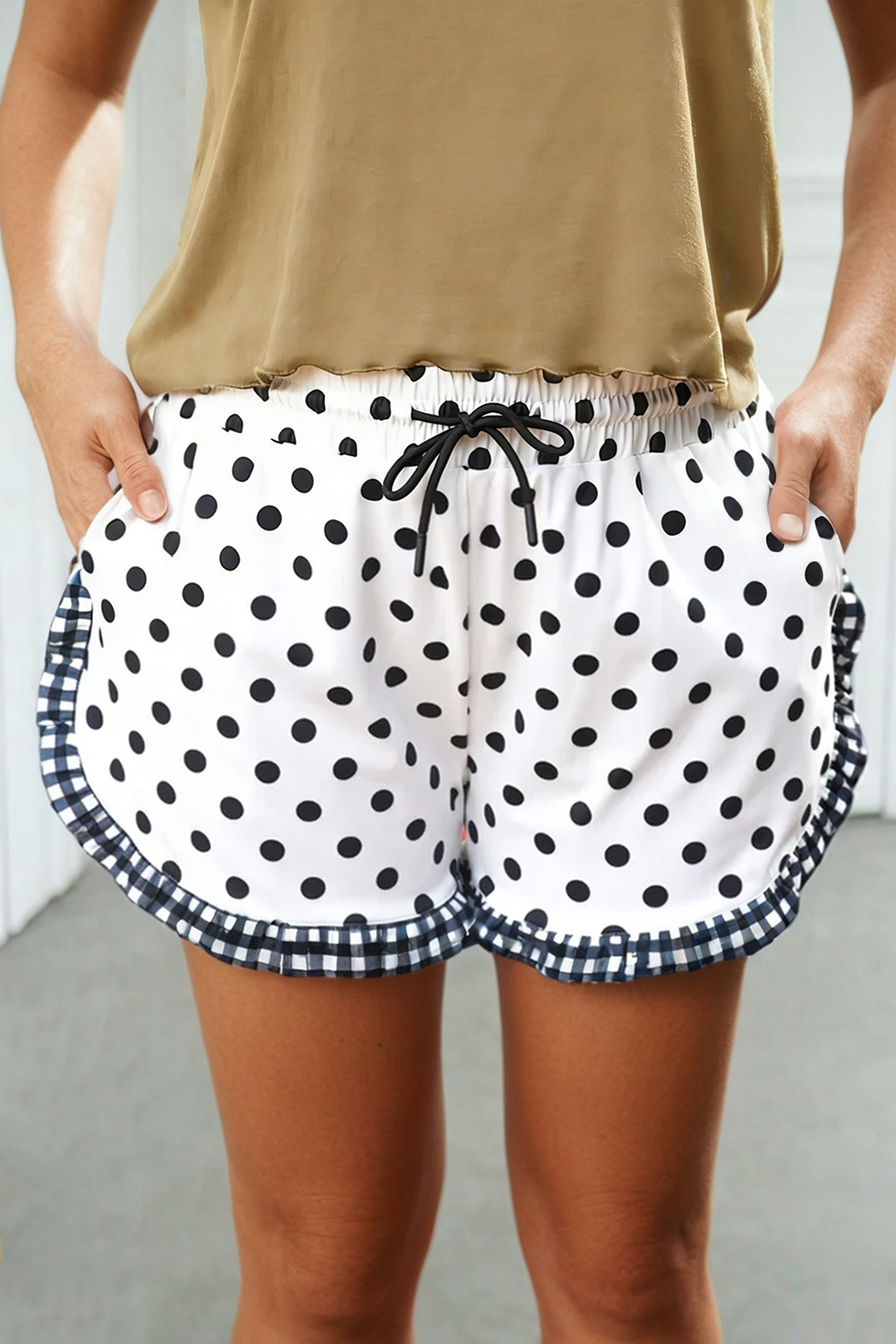 LAS-LIVE Polka Dot Print Contrast Ruffle Trim Shorts (S-XL): White / Missy / S