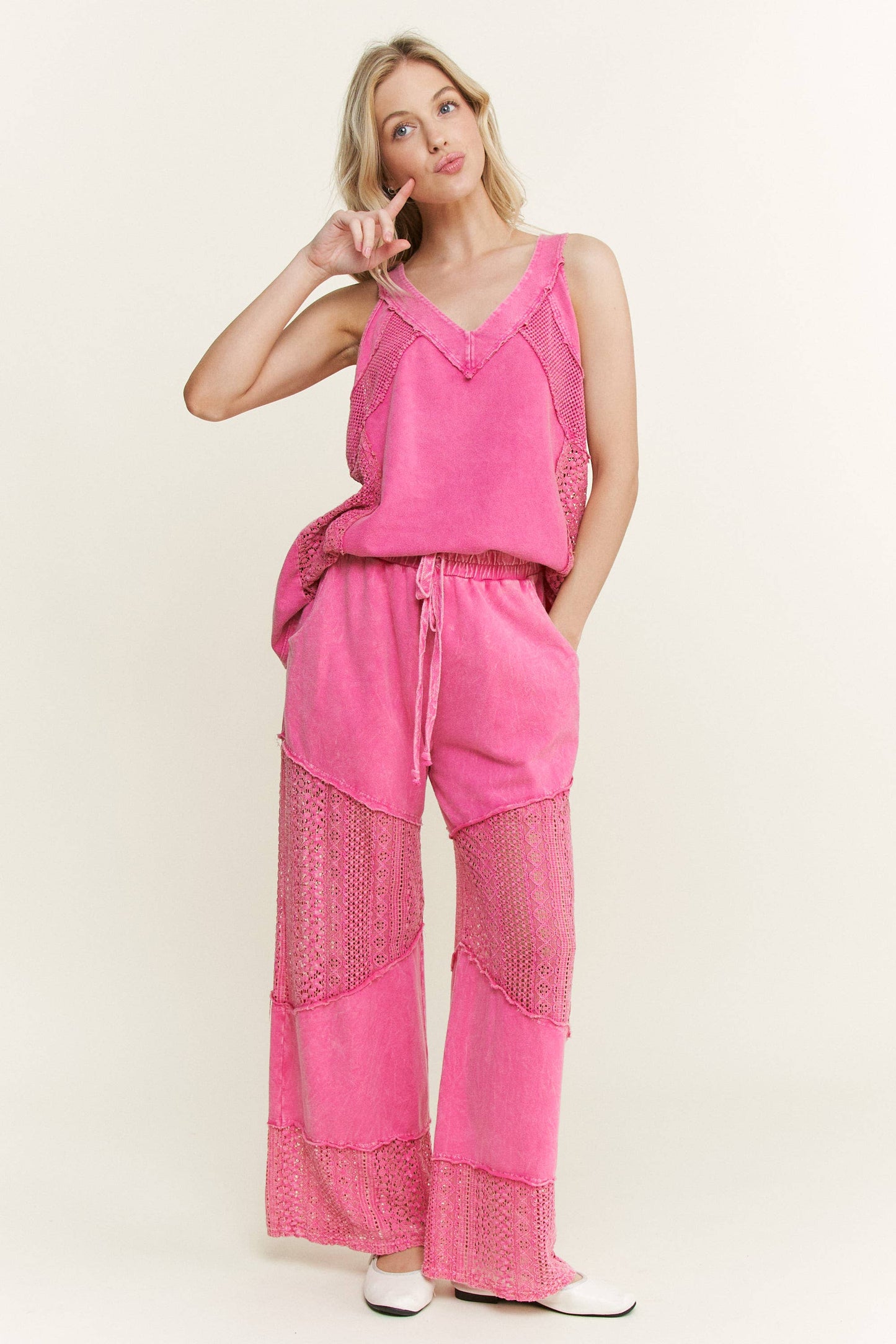 Mineral Washed Lace See through Breezy pants HP6335.: HotPink / S-M-L / 2-2-2