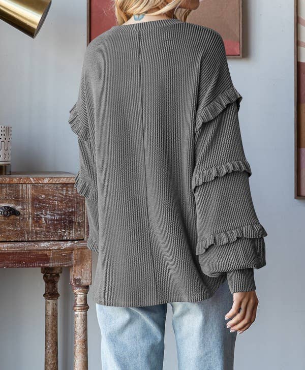 Balloon Sleeve Ruffle Sleeve Pullover Top: Green / M