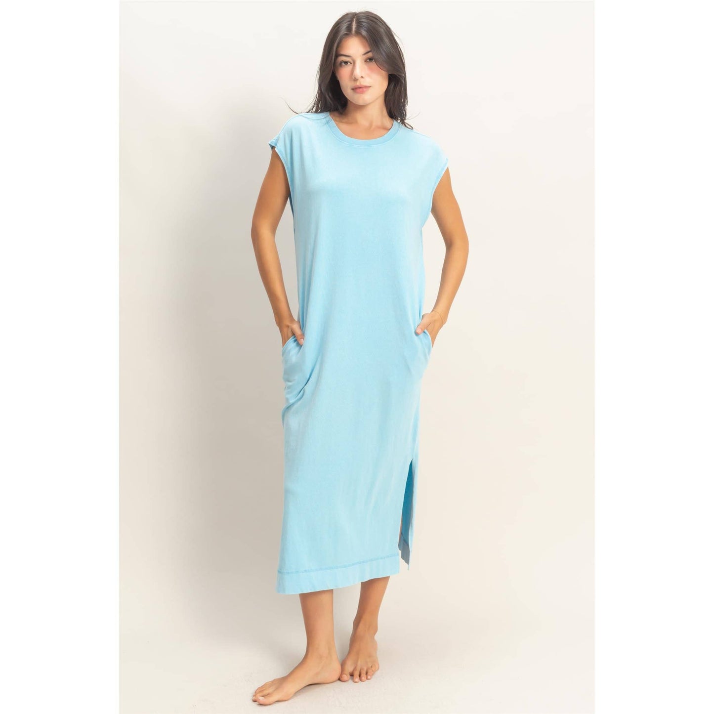 Mineral Wash Cap Sleeve Midi Dress: DARK TEAL / S-M-L(2-2-2)