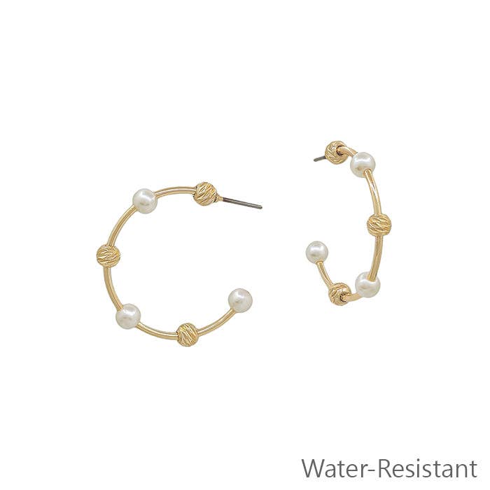 Water Resistant Gold Bar with Pearl and Textured Ball 1" Hoop Earring