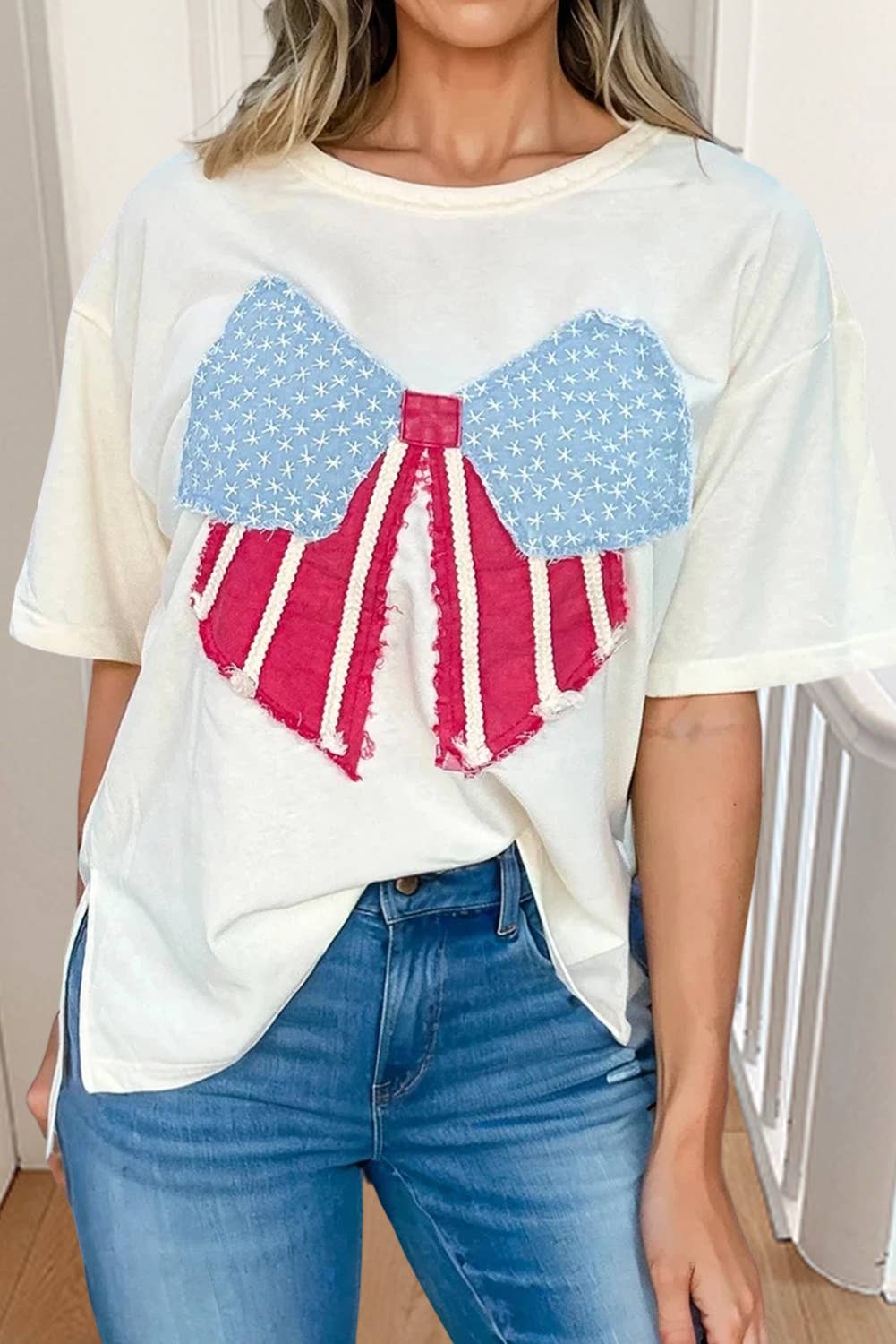 USA Flag Bow Patched T Shirt SS26 | S-XL : White / S