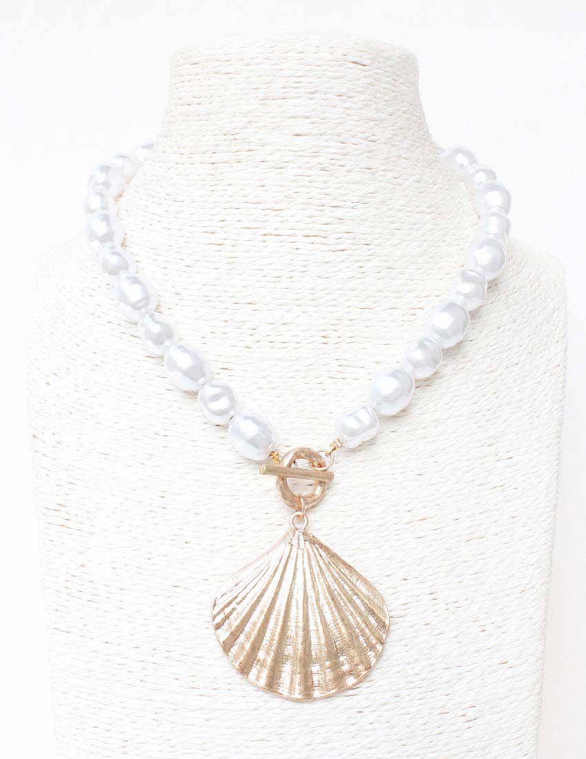 Freshwater Pearl with Gold Hammered Shell Charm 16"-18" Necklace