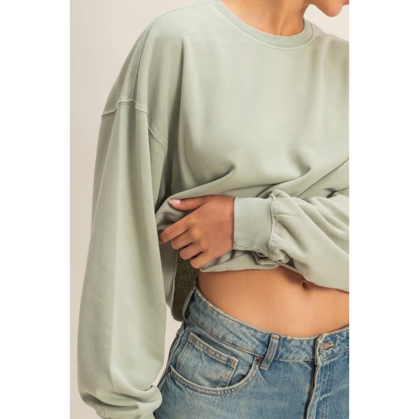 Cropped Crewneck Sweatshirt With Oversized Sleeves: DUSTY NAVY / S-M-L(2-2-2)