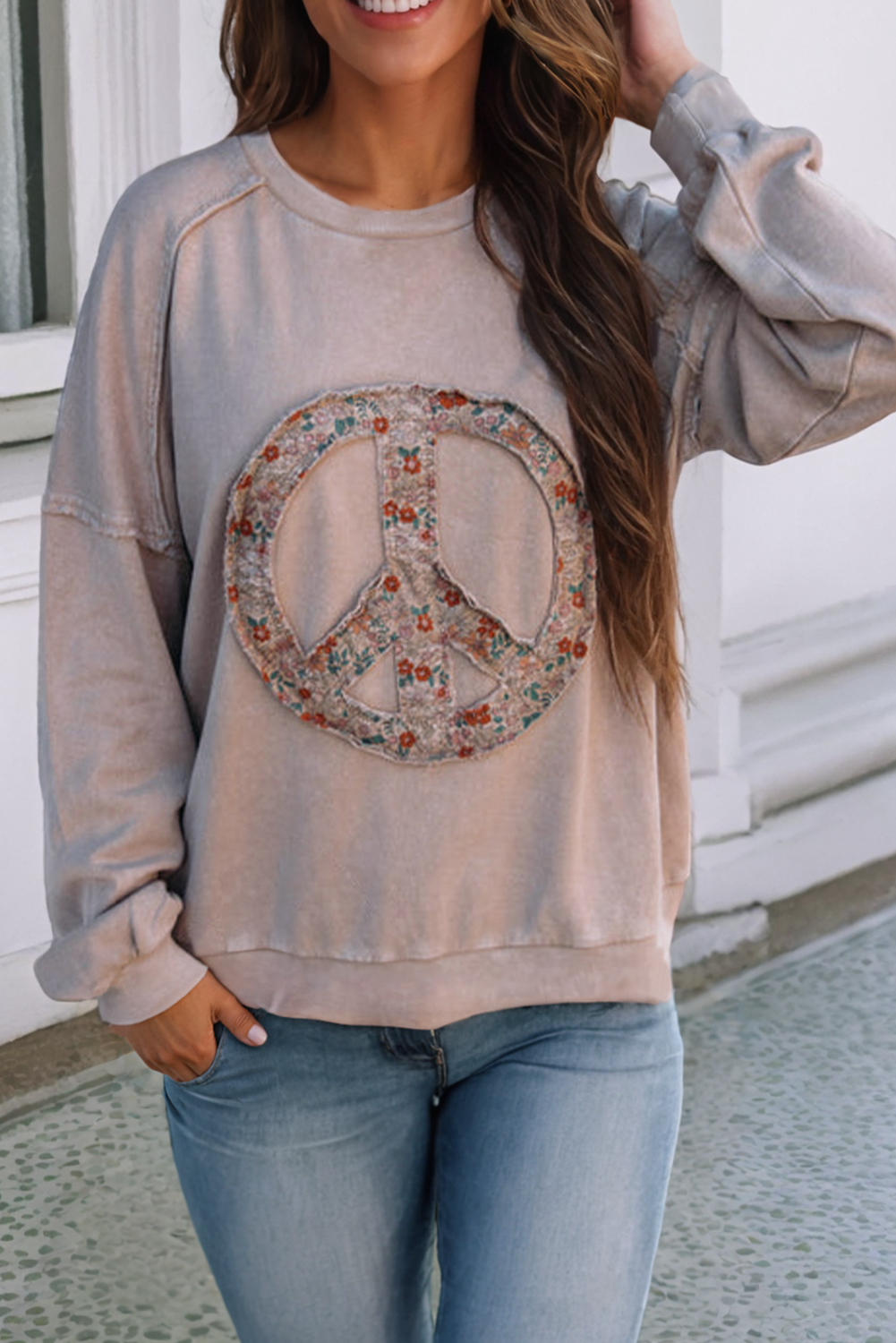 LDC Floral Peace Symbol Drop Shoulder Sweatshirt: As Shown / XL