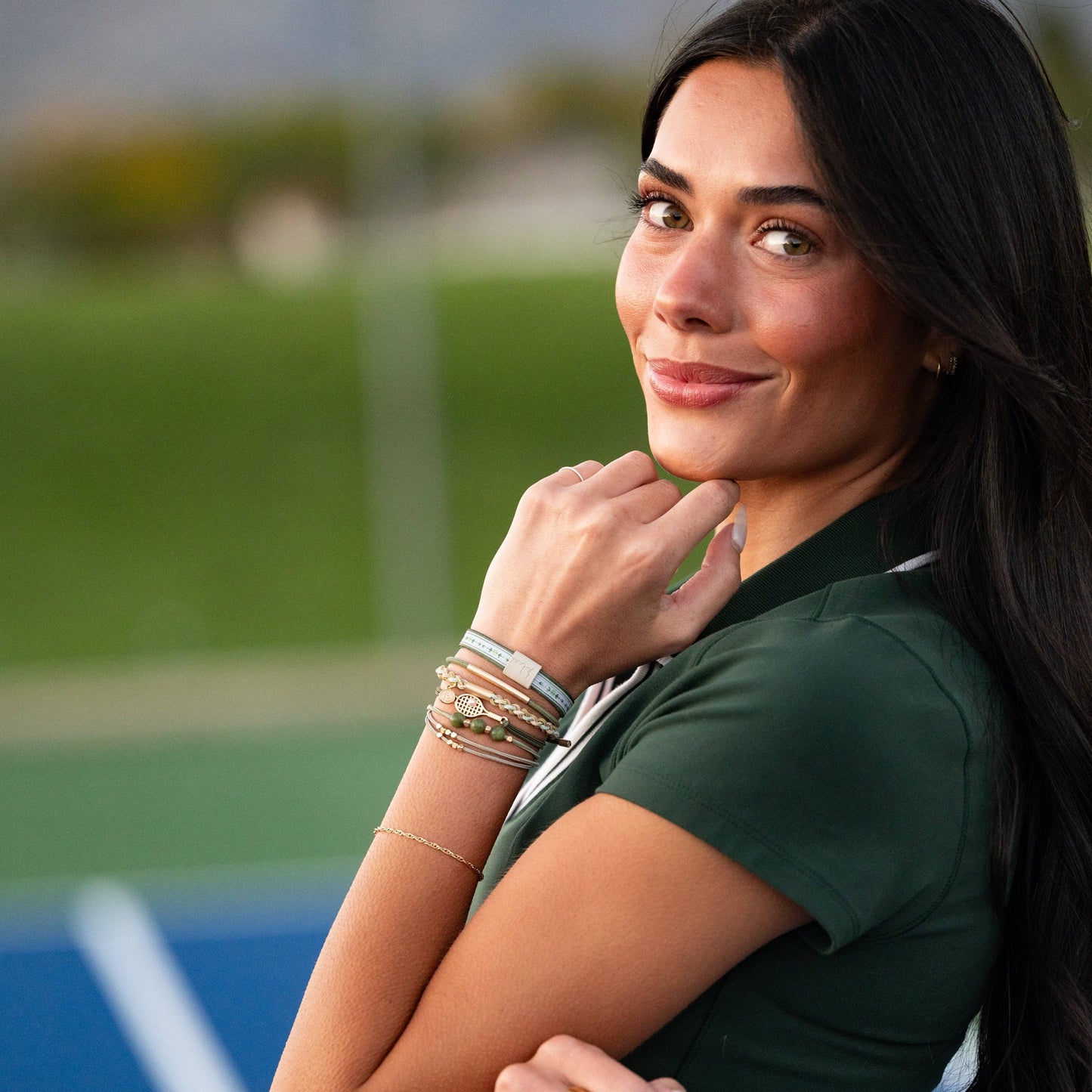 "Ace" Green and Gold Tennis Racket Charm Hair Tie Bracelets: Small