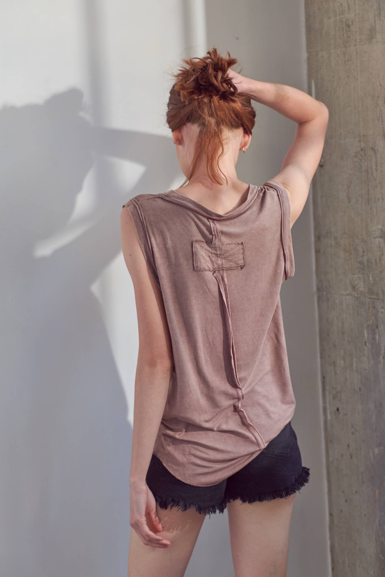 Mineral washed V neck Sleeveless Top HT4004: Olive / S-M-L/2-2-2