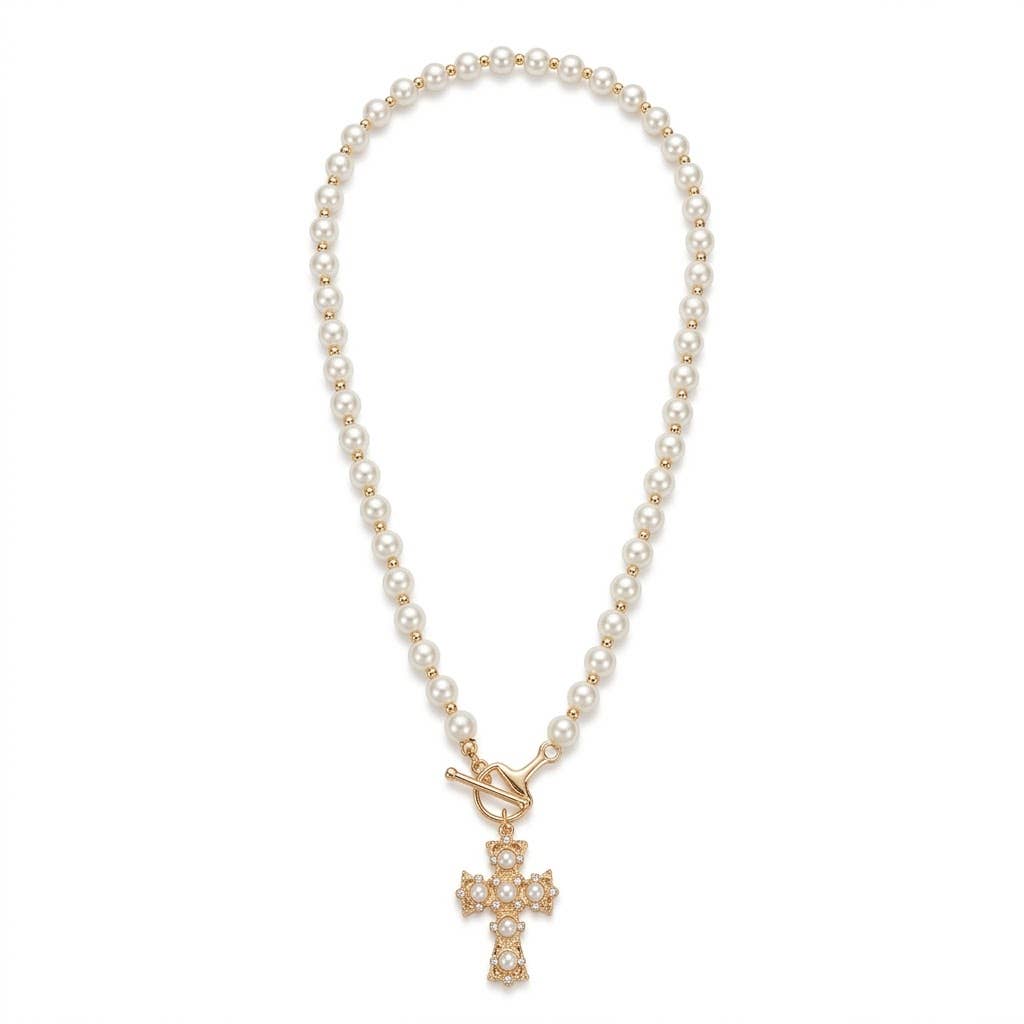 PEARL CROSS PENDANT NECKLACE, TN 6056: GDCM
