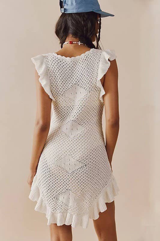 Low cut Ruffle Crochet Knit Beach Cover Up Dress: Blue / S