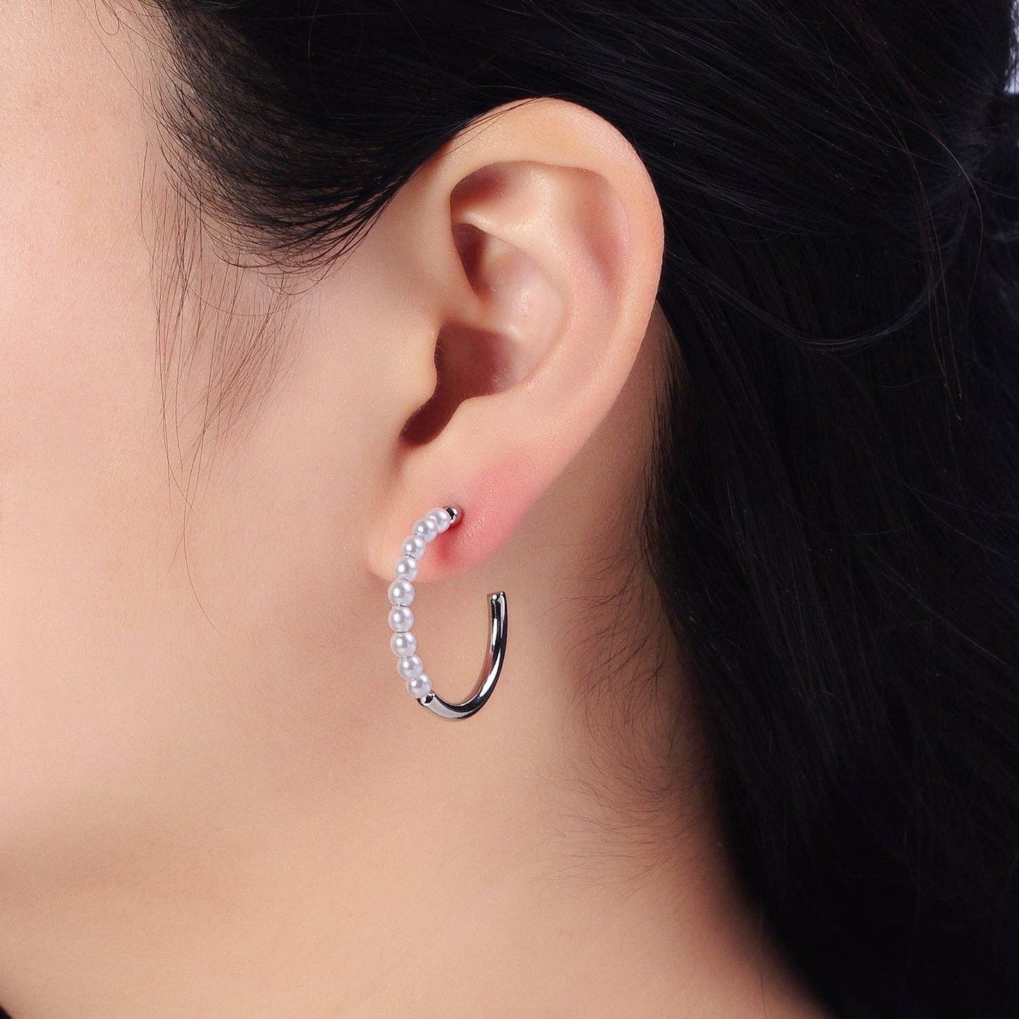 16K Gold Filled 25mm Half Pearl Hoop Earrings in Gold & Silver | AB366 AB367: Gold