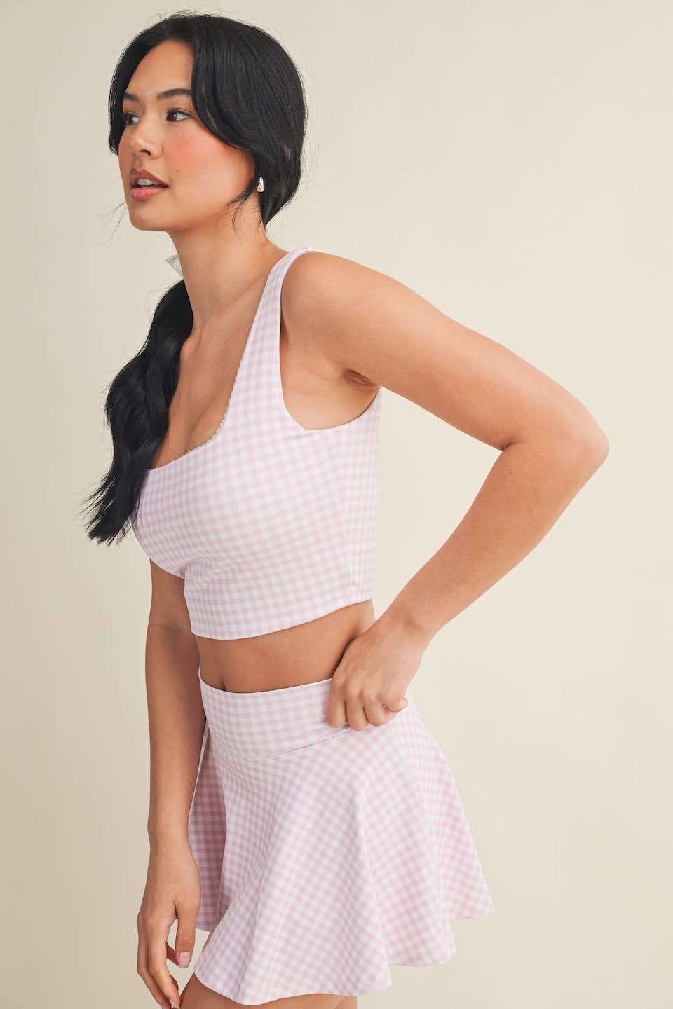 Gingham Print Crop Tank with Lace Trim: Pink Gingham / M