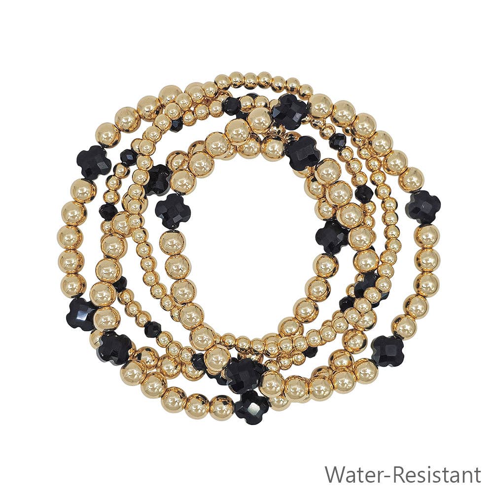 Water Resistant Set of 5 Gold Textured Beaded and Black Clover Stretch Bracelets