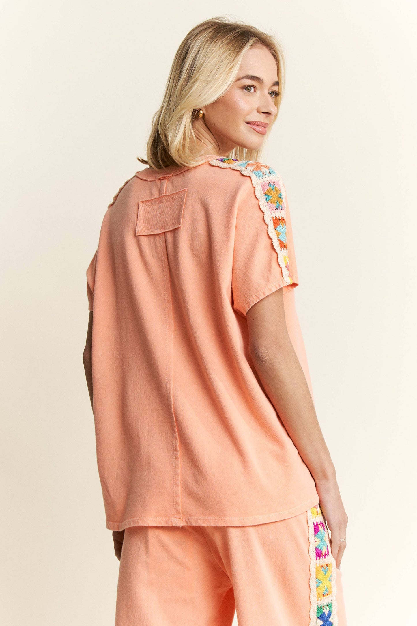 Mineral Washed Crochet patch side trim Knit top HT6395: Natural / S-M-L / 2-2-2