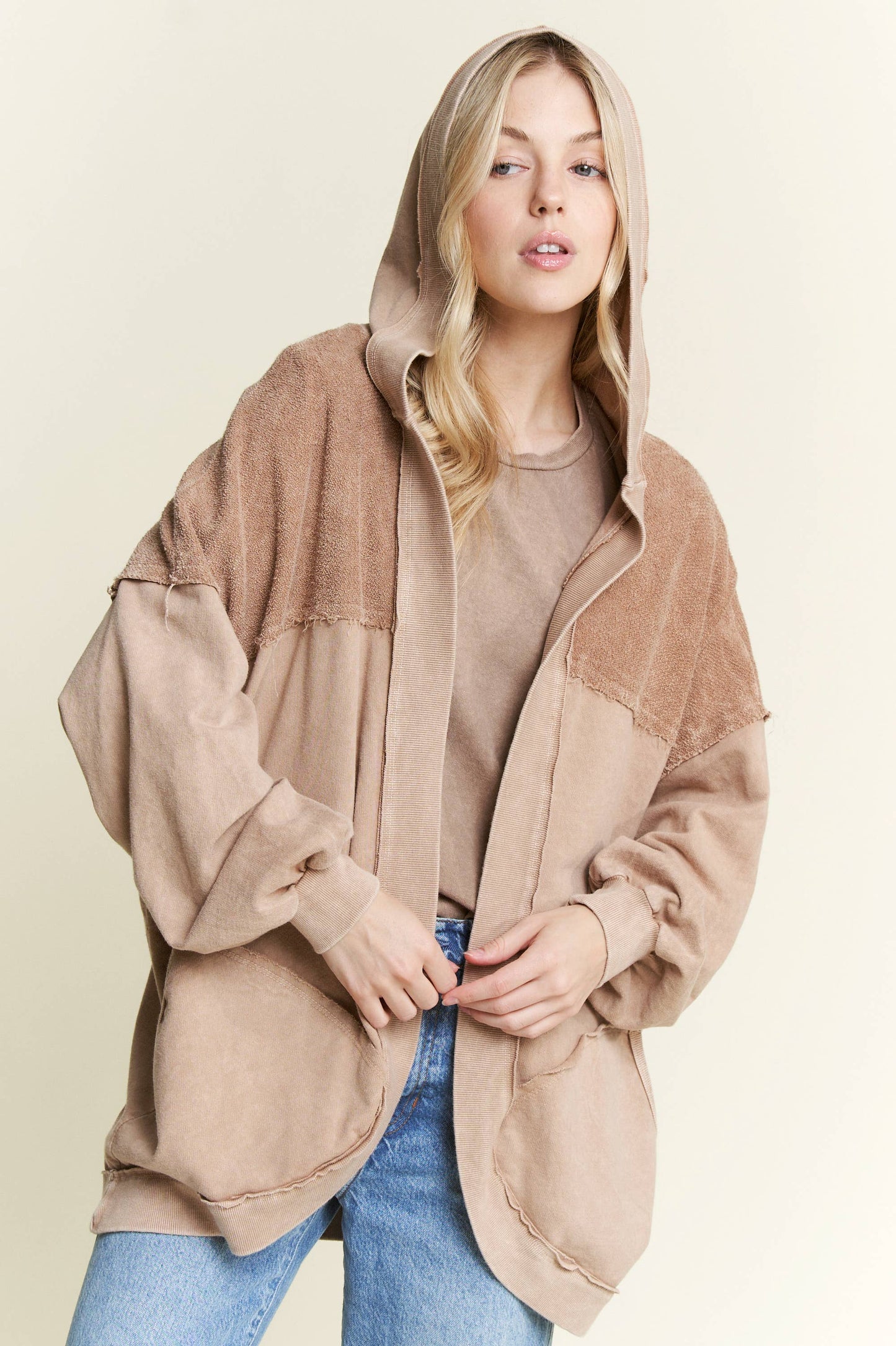 Mineral Wash Open Terry Cardigan with peace sign HT6086: Latte / S-M-L / 2-2-2