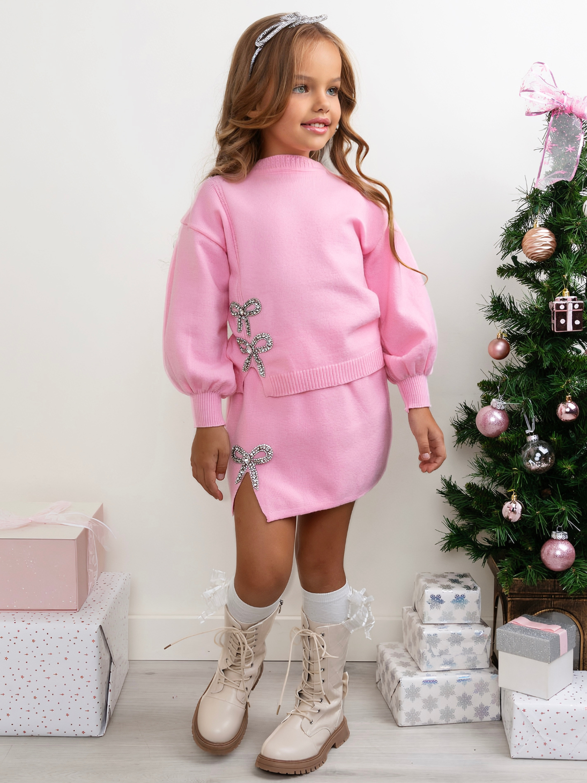 Shine & Slay Pink Bow Knit Sweater and Skirt Set: Pink / 6Y/6X
