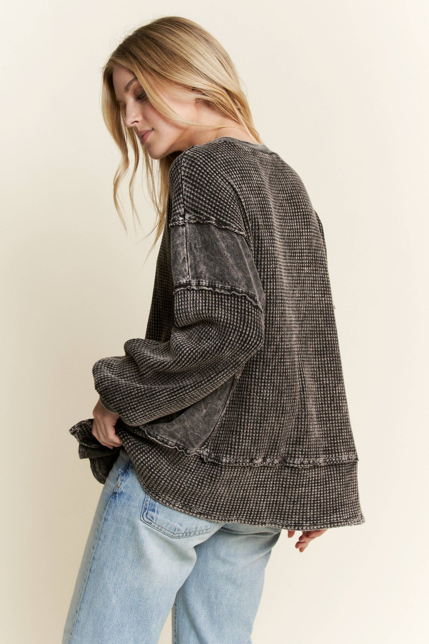 MineralWash Waffle and terry oversized fall shirt HT5989.: Midnight Green / S-M-L / 2-2-2