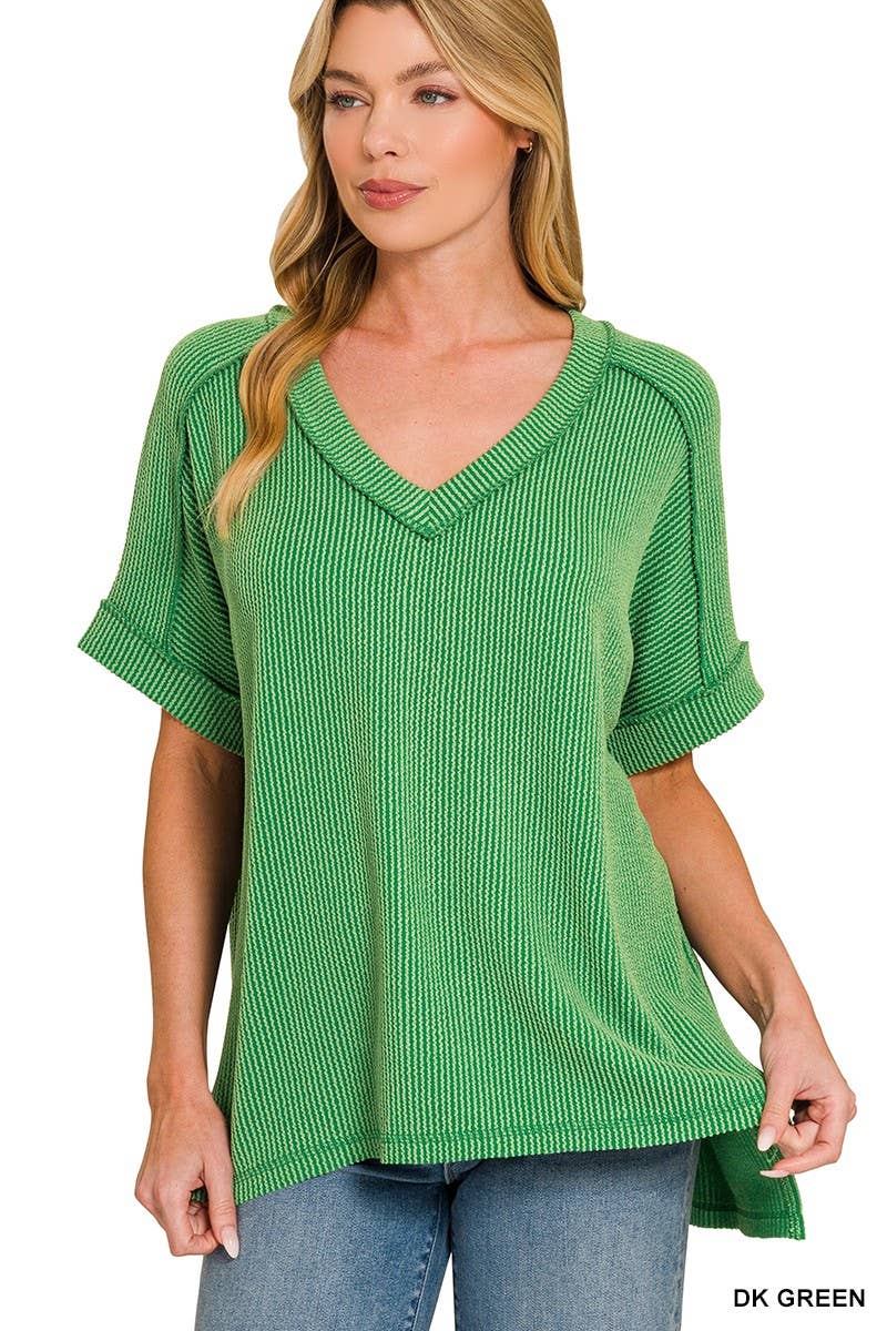 Raised Rib Short Sleeve Hi-low V Neck Top: RUBY / 3-3(S/M-L/XL)