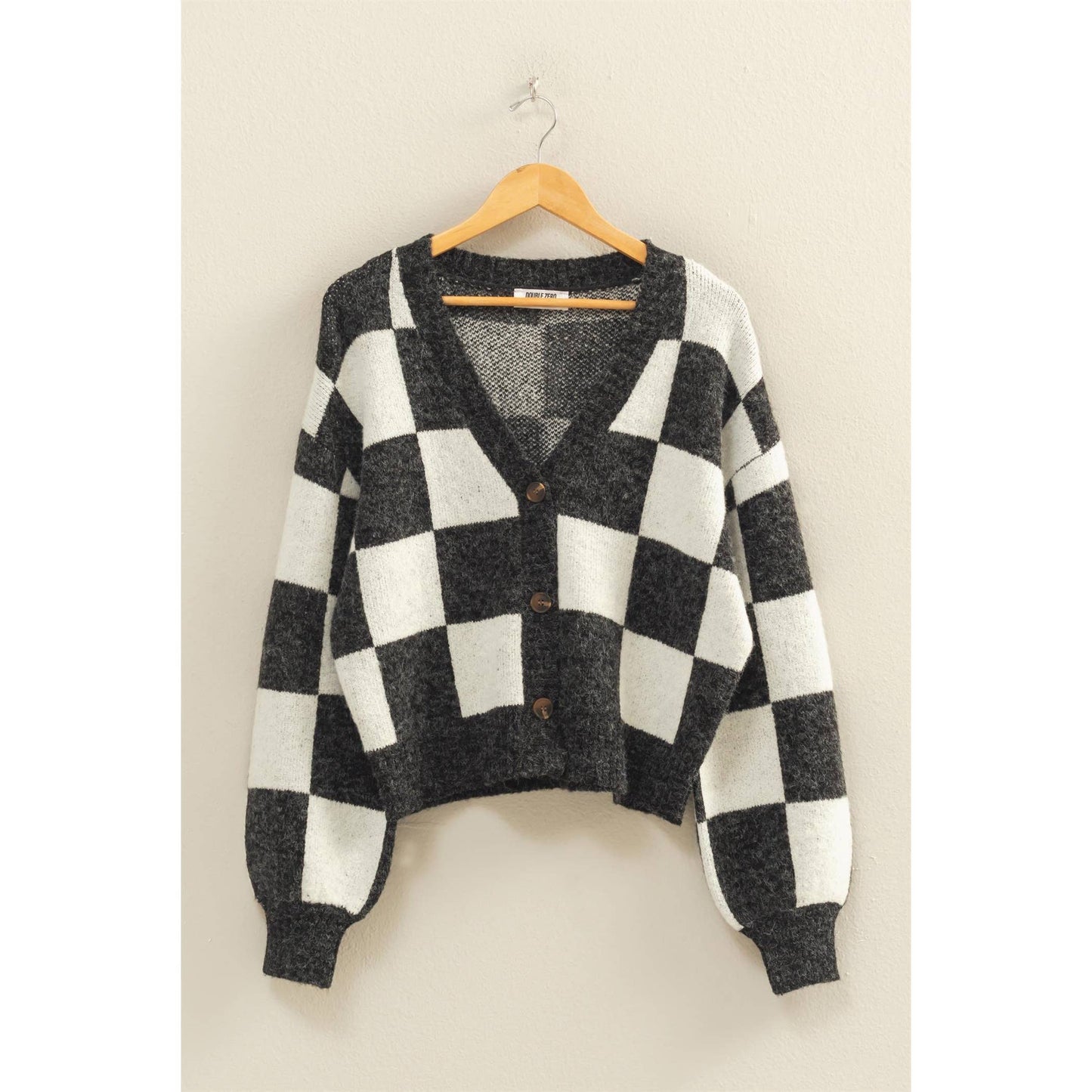 Checkered Button Front Cardigan Sweater: EMERALD/CREAM / S-M-L(2-2-2)