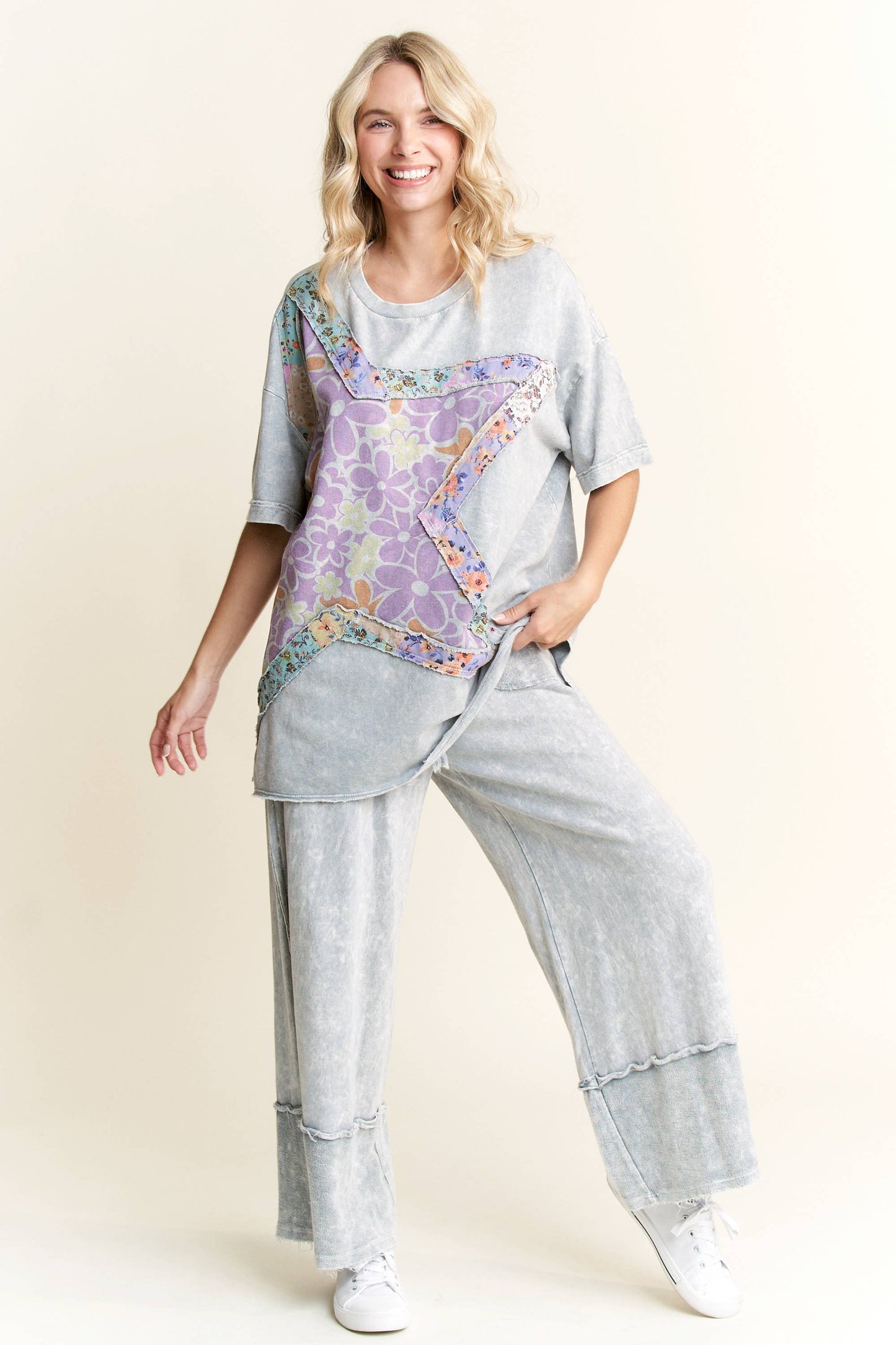MineralWash Wide Pants with raw hem frayed details HP5536..: Latte / S-M-L / 2-2-2
