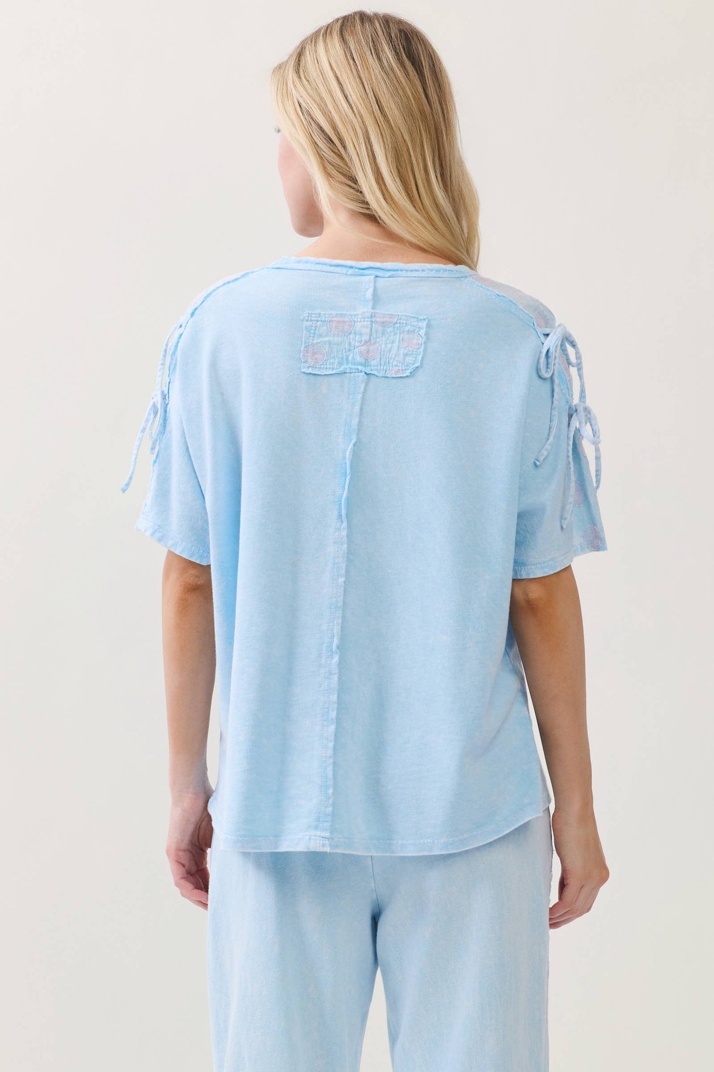 Mineral Washed Polkadot Shoulder Bow Tie Blouse top HT6510: Baby Blue