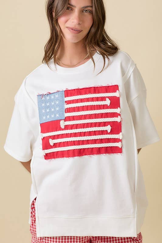 Boxy Wide Short Sleeve Top With American Flag Patchwork: DARK BLUE / M