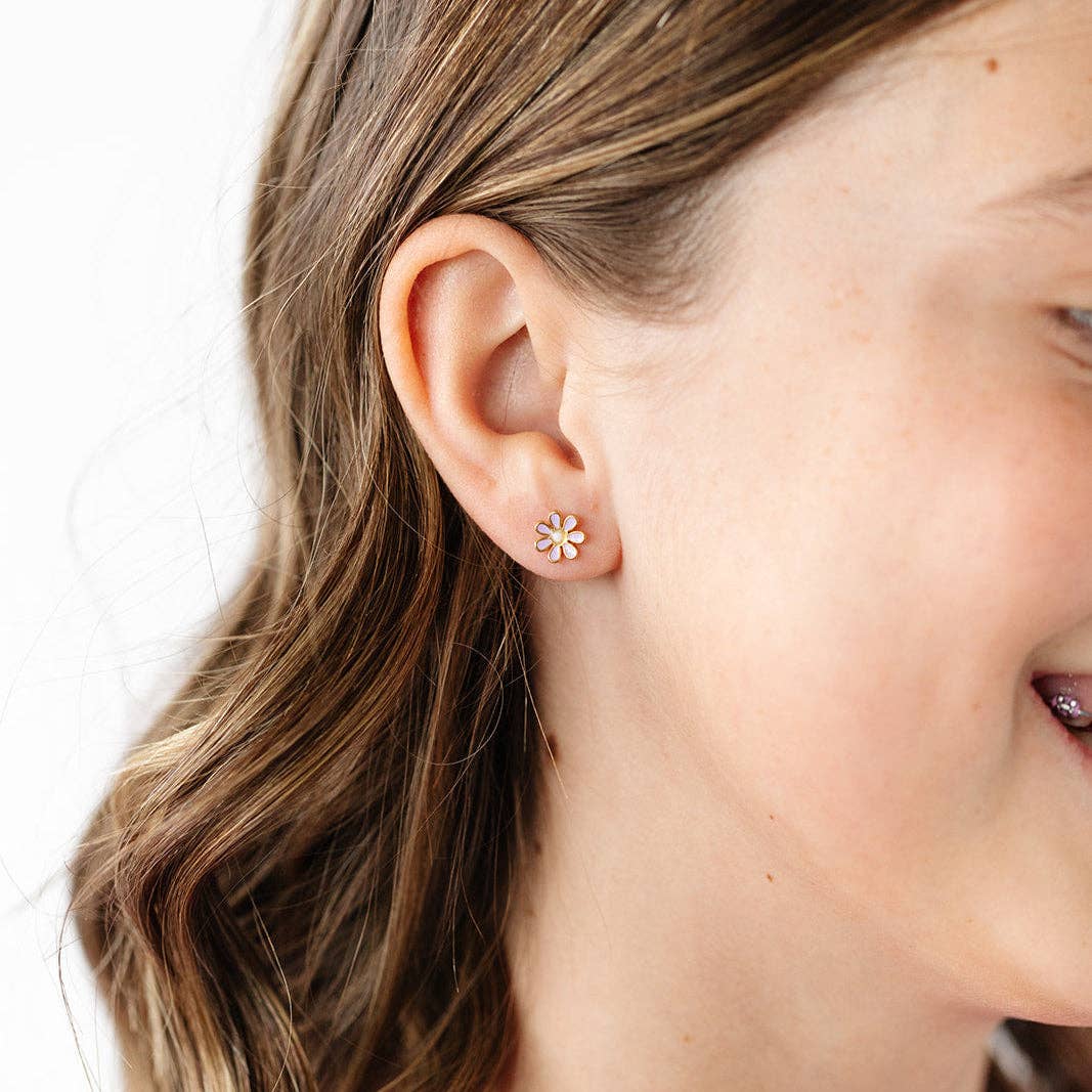 Daisy Stud Earrings - Hypoallergenic, Flat Back, Girl Gift: White / Pair