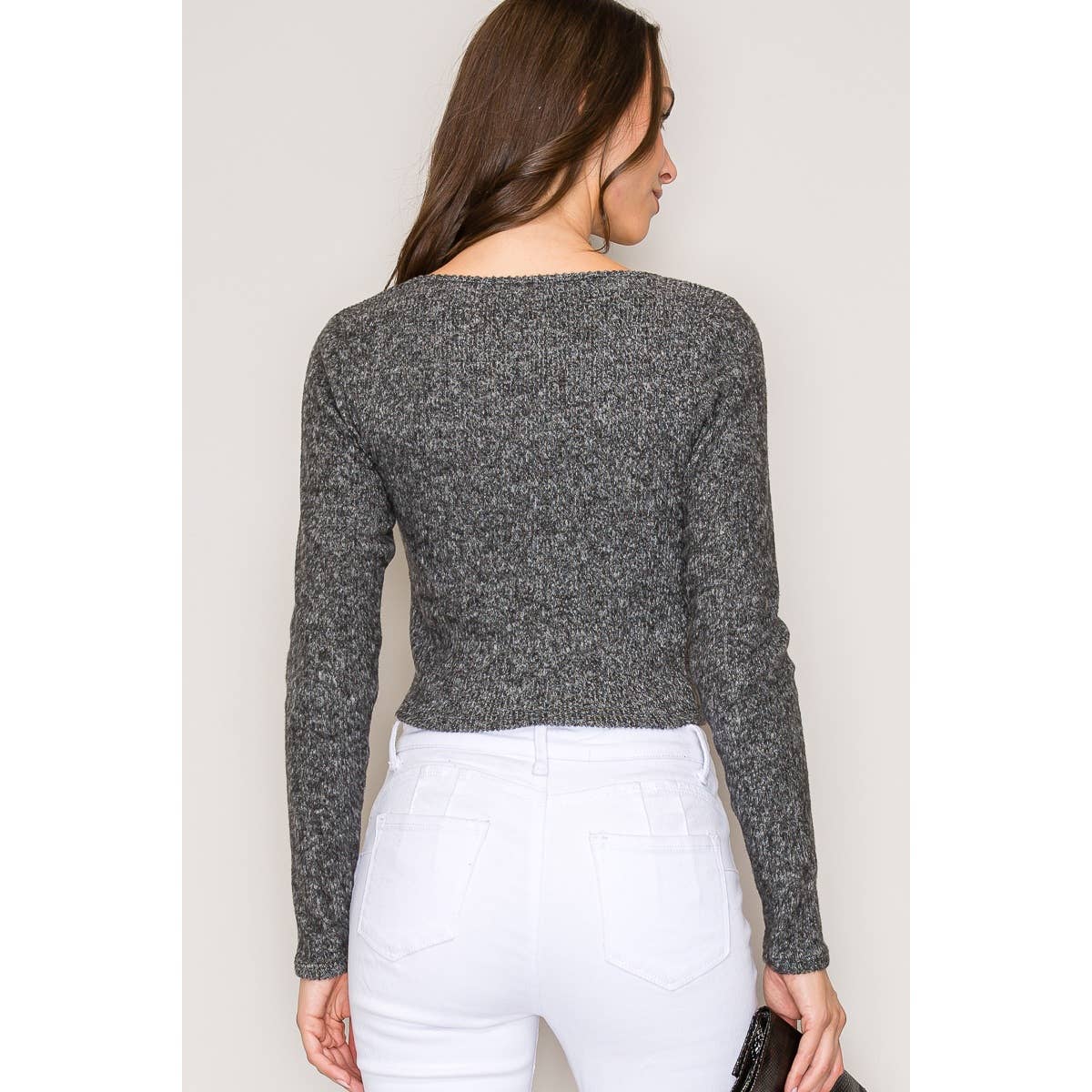 Sweetheart Neck Long Sleeve Sweater Hacci Rib Top: Heather Grey / S-M-L(2-2-2)