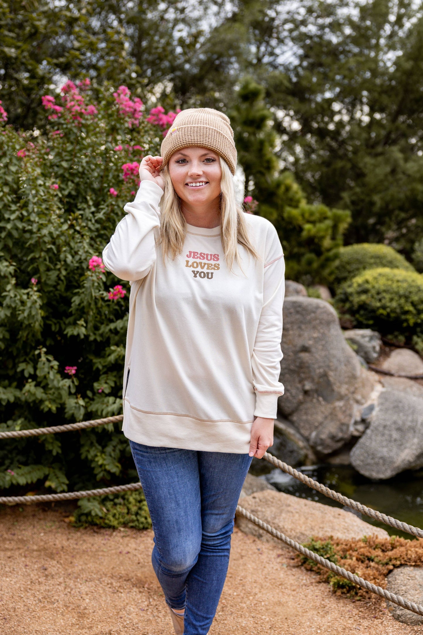 Jesus Loves You Embroidery - Light Weight Stitch Sweatshirt: Small