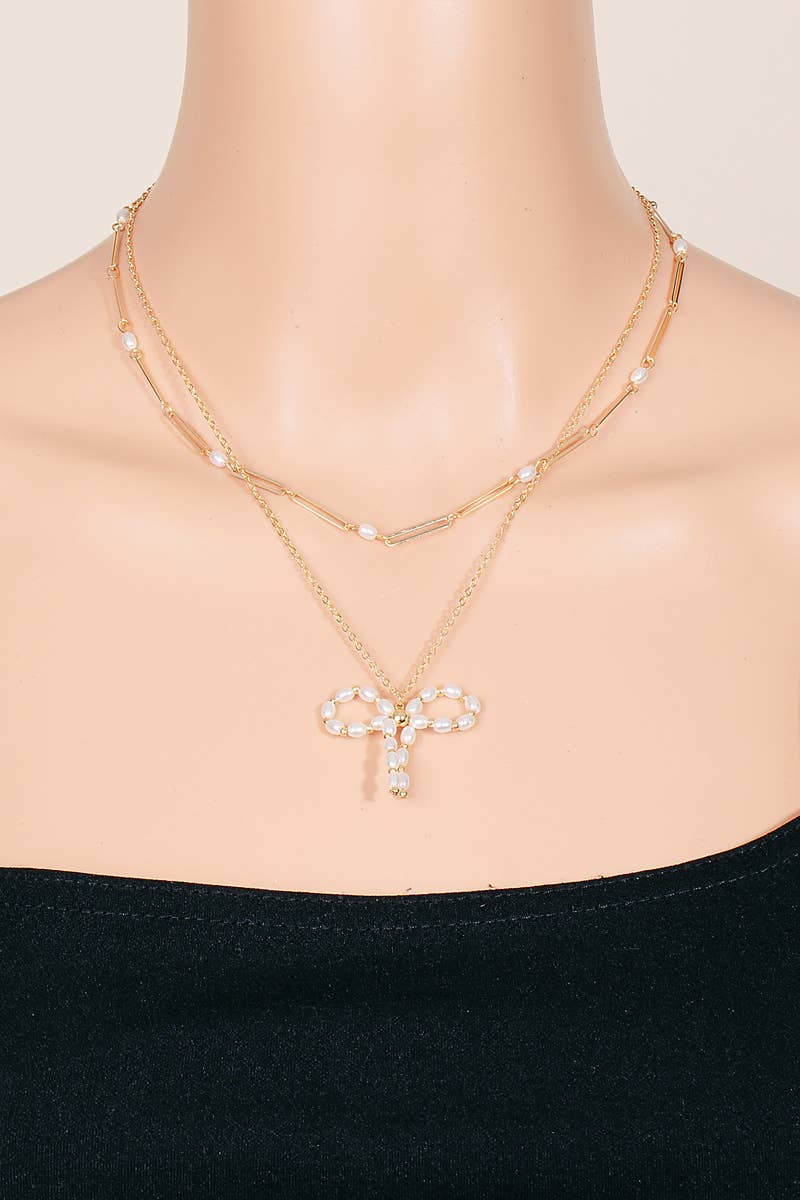 Pearl Beaded Ribbon Bow Pendant Layered Chain Necklace: GWT