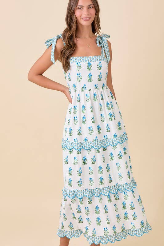 Shoulder Strap Tie Midi Dress With Floral Printed: WHITE/BLUE / L