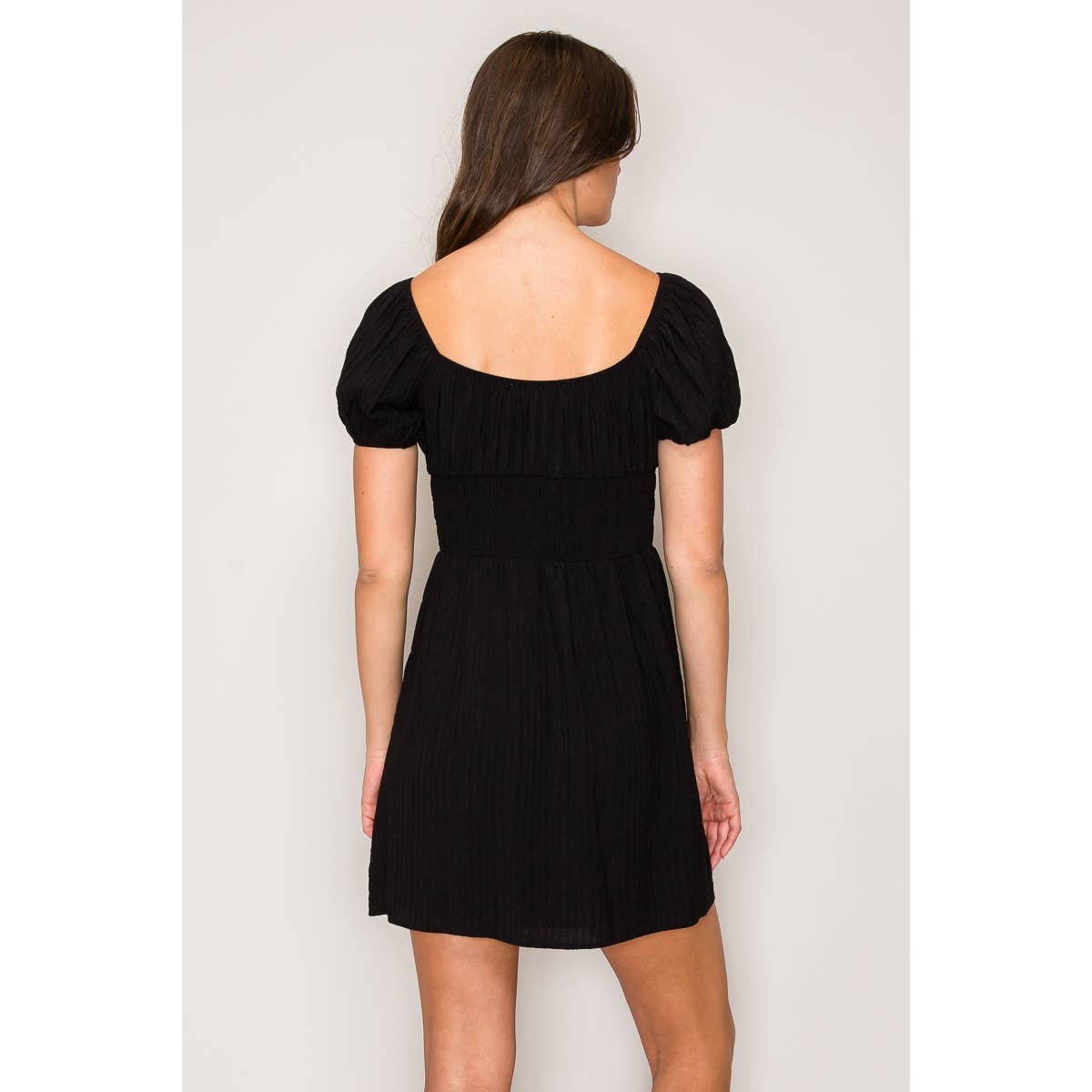 Puff Sleeve Tiered Mini Dress: Black / S-M-L(2-2-2)