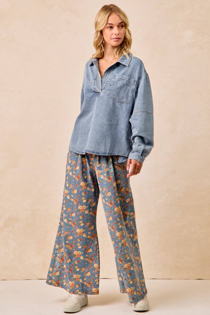 Vintage Washed Floral Printed Wide Denim Pants: DENIM / 2-2-2-2(S-M-L-XL)