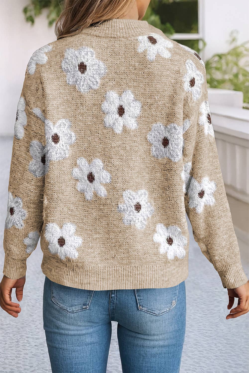 LDC Floral Pattern Drop Shoulder Half Zip Sweater: Green / Missy / L