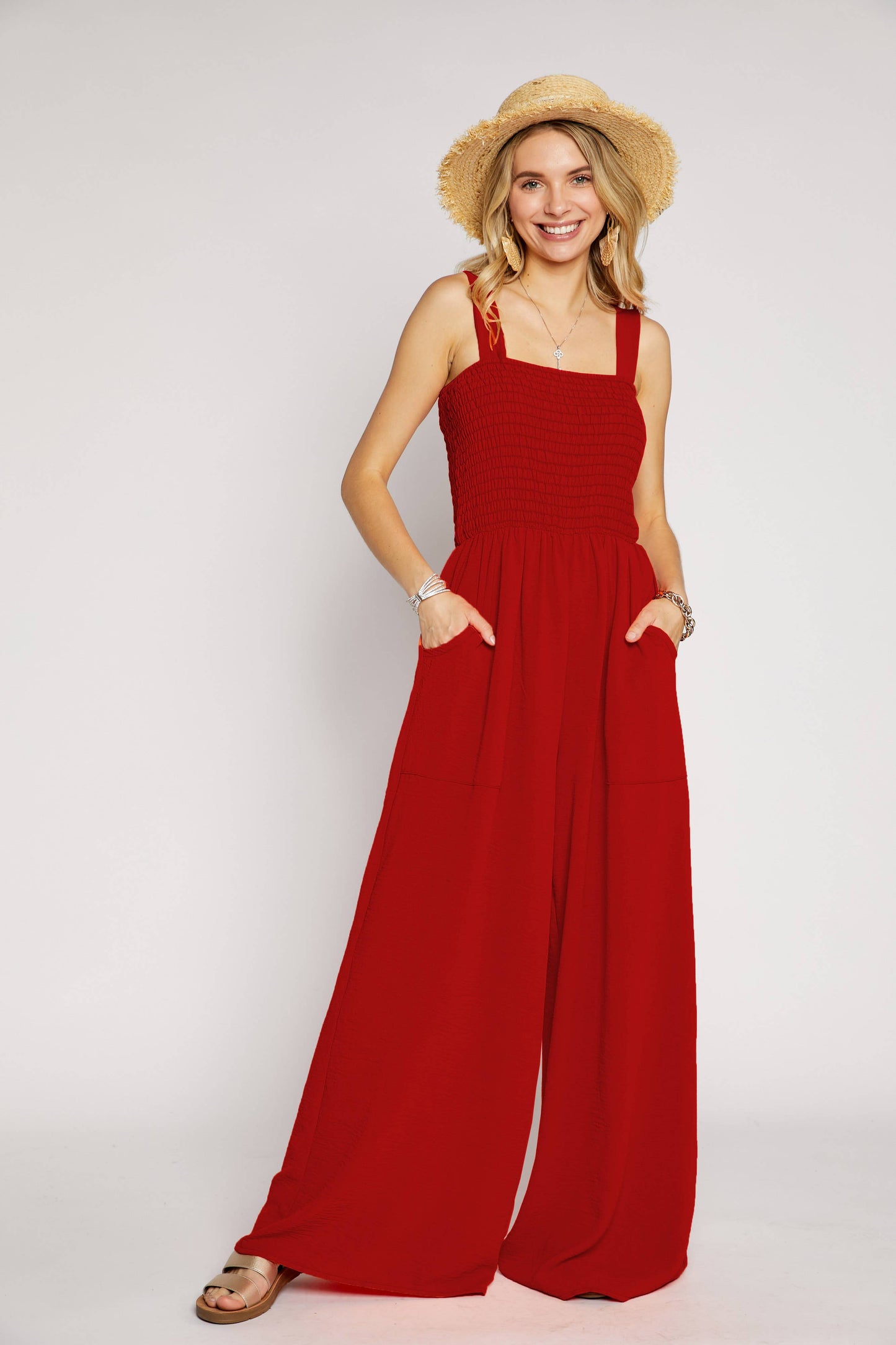 LJP16140 - SMOCKING TOP WIDE LEG JUMPSUIT: MIDNIGHT BLUE / L