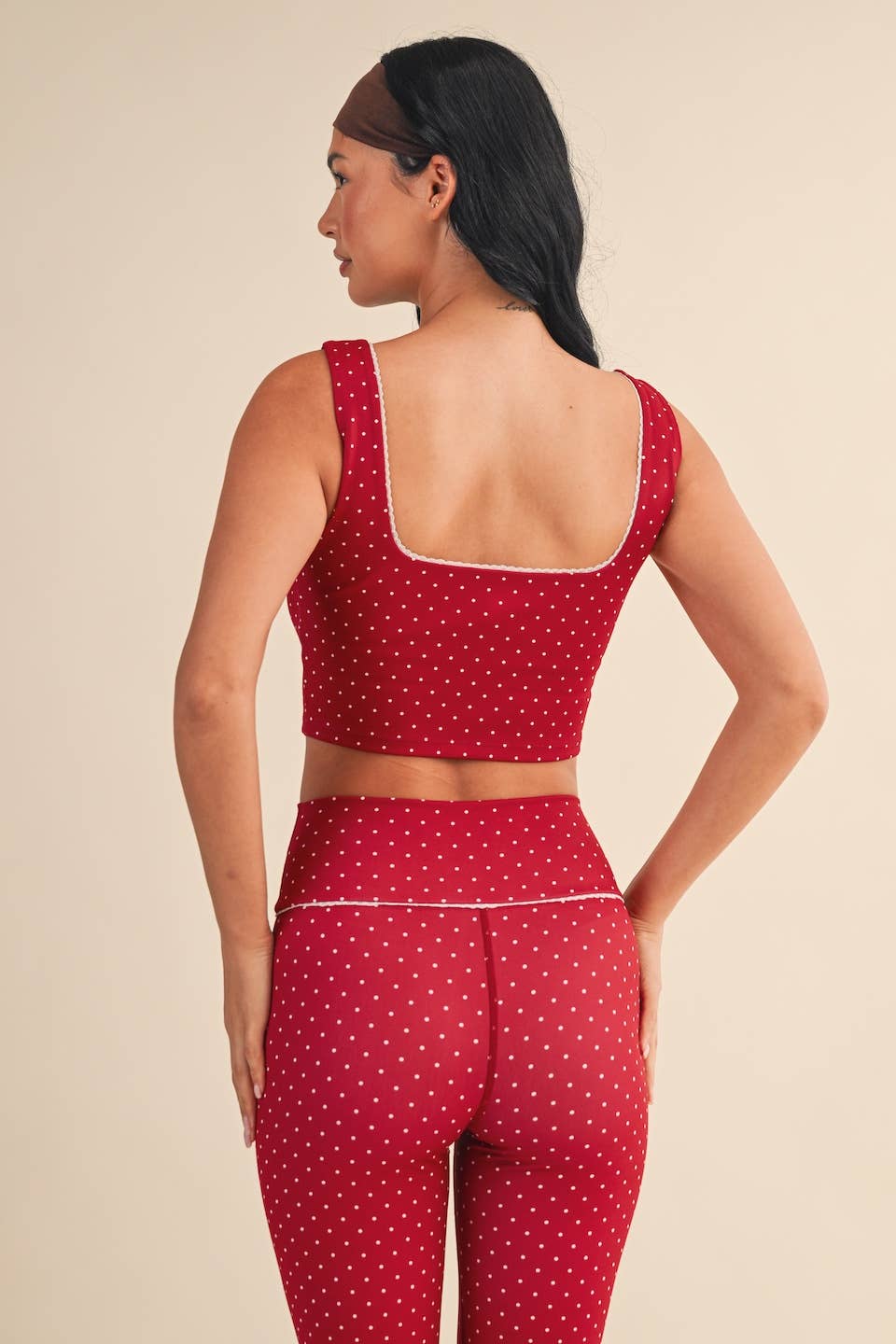 Polka Dot Print Crop Tank with Lace Trim: Black Polka Dot / S