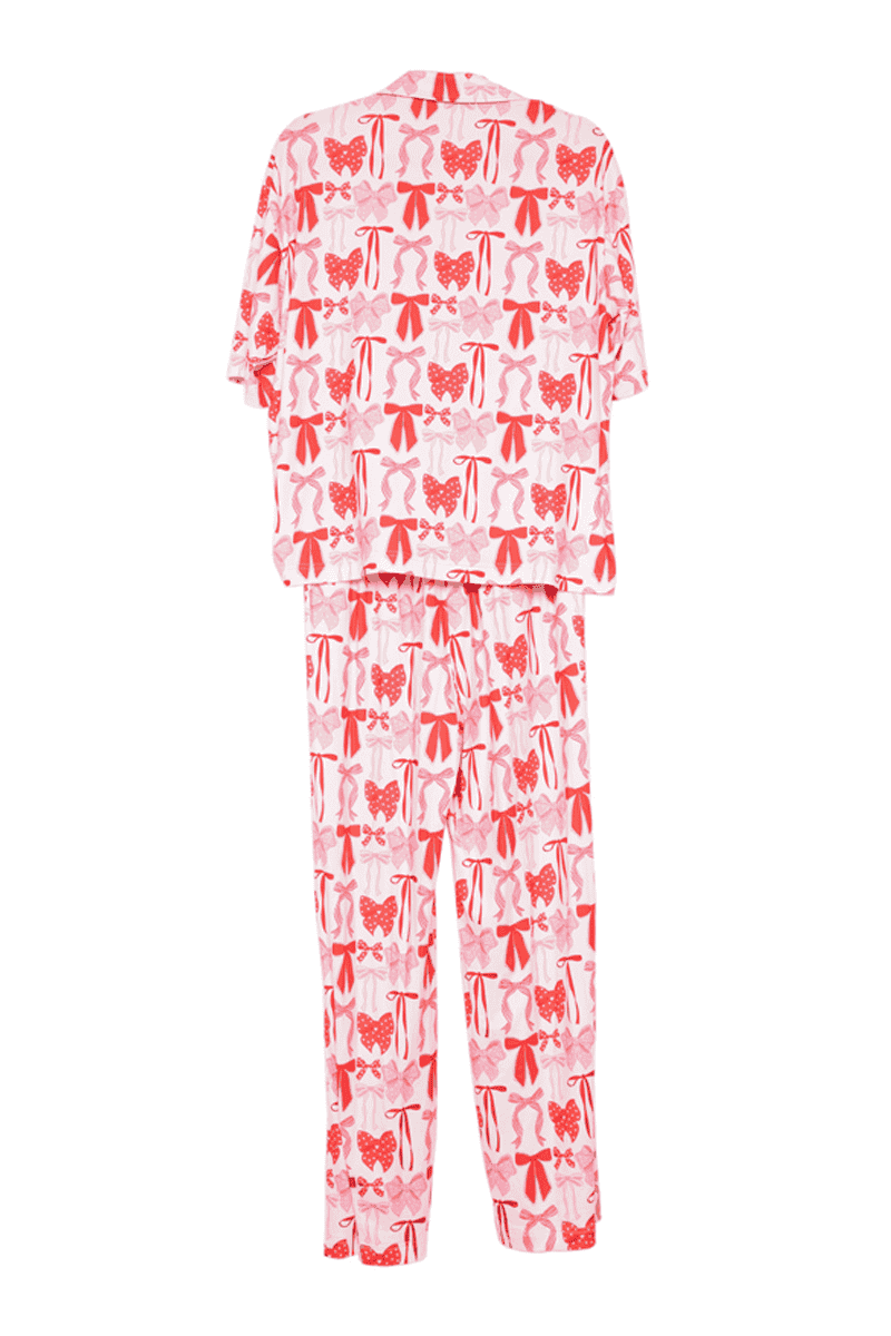 Pink & Red Coquette Bows Pajama Pants Set: Light Pink / XL