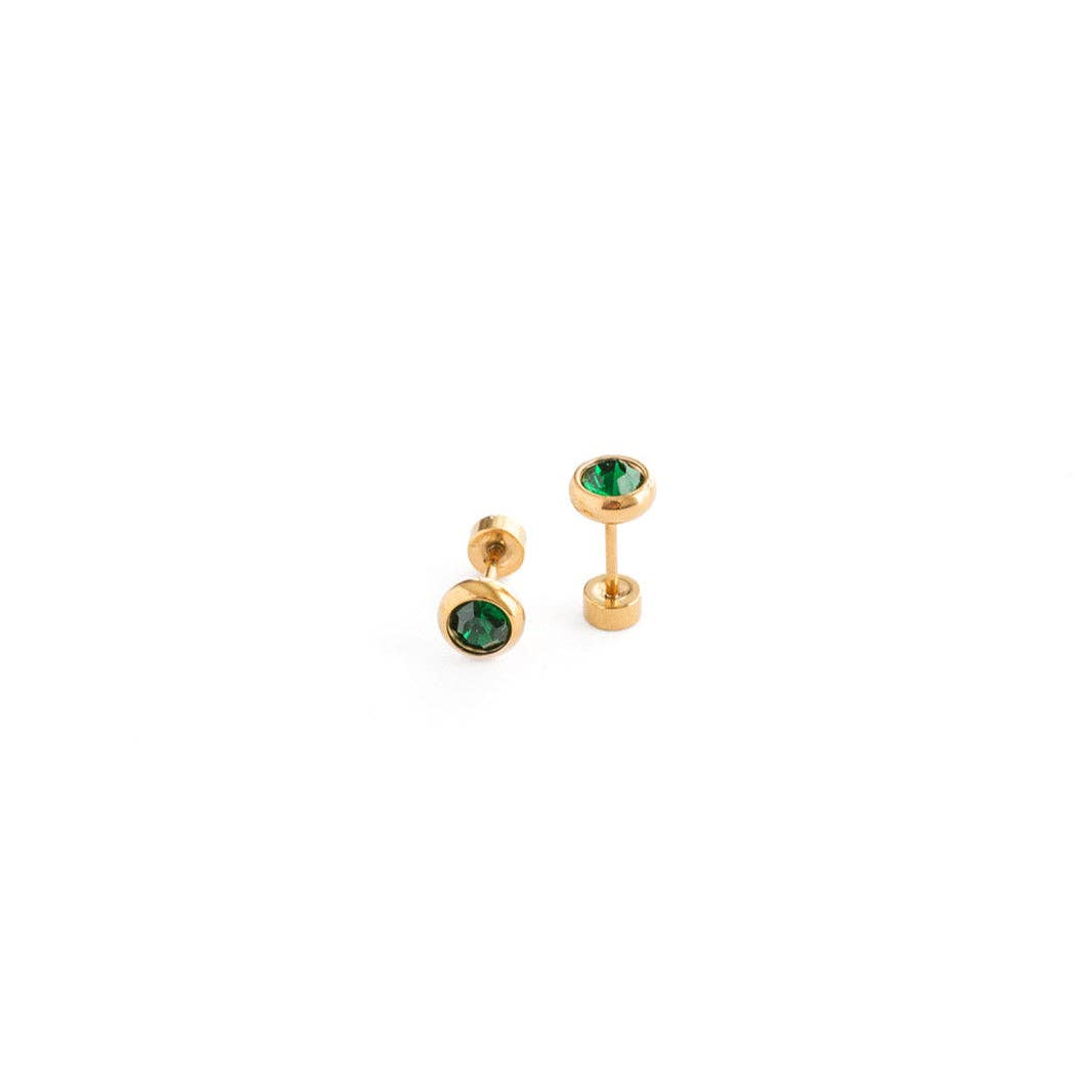 Emerald Stud Earrings - Hypoallergenic, Flat Back, Girl Gift: Pair