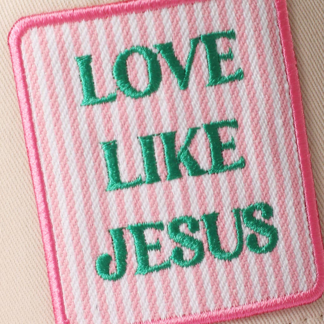 LOVE LIKE JESUS Embroidered Patch Gingham Trucker Hat: PINK / ONE SIZE
