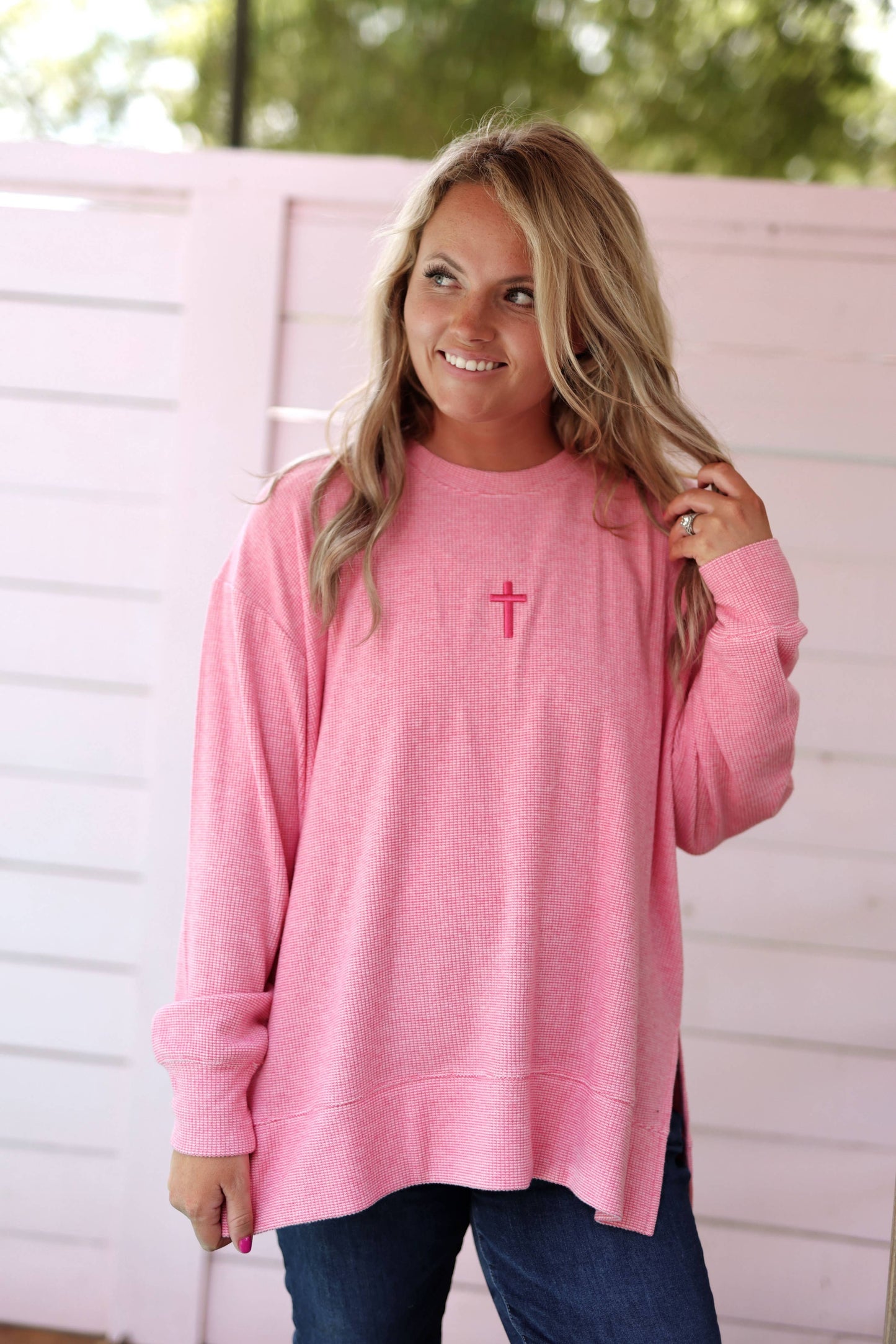 Cross 3DEmbroidery - Cozy DayBrushed Waffle Pullover (Coral): Small