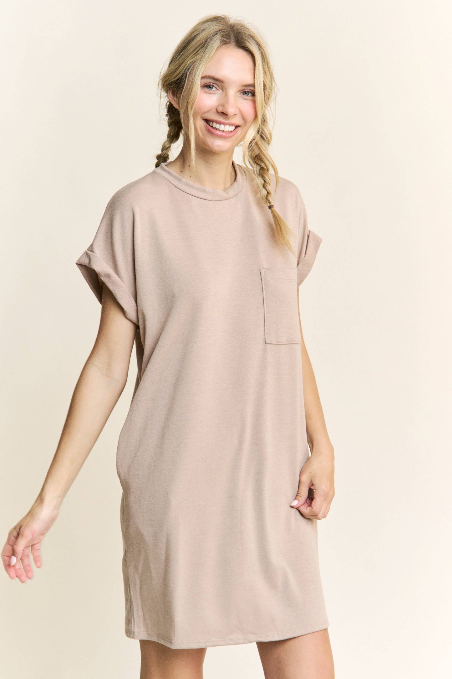Round Neck Pocket Mini Dress HD1015: Olive / S-M-L / 2-2-2