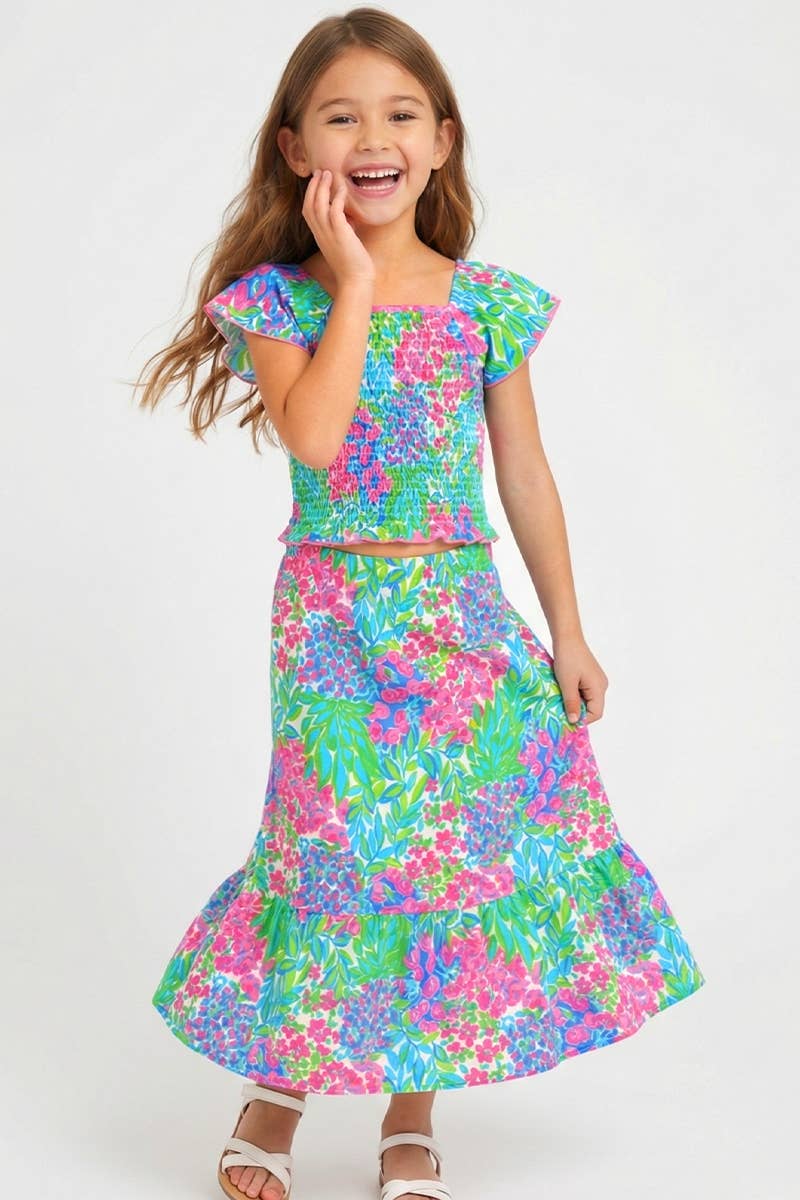 GKSS-3171B-Q60 Girl's 2 pcs Maxi Skirt Set w/ Smocking Top: Green/ Pink Reef / M8/10