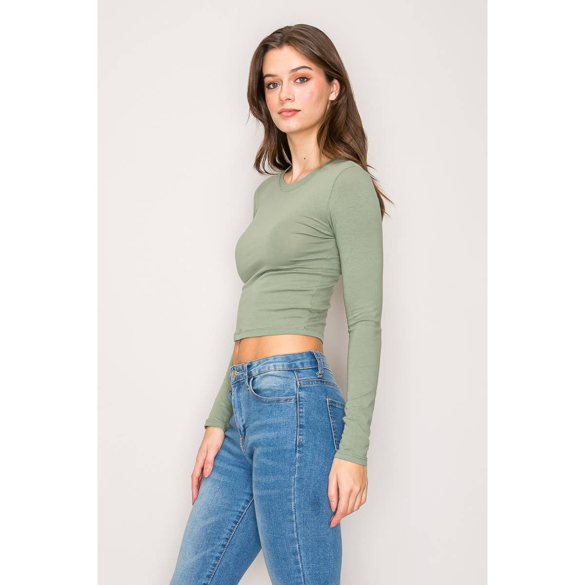 Crew Neck Long Sleeve Cotton Cropped Knit Top: Chili Oil / S-M-L(2-2-2)