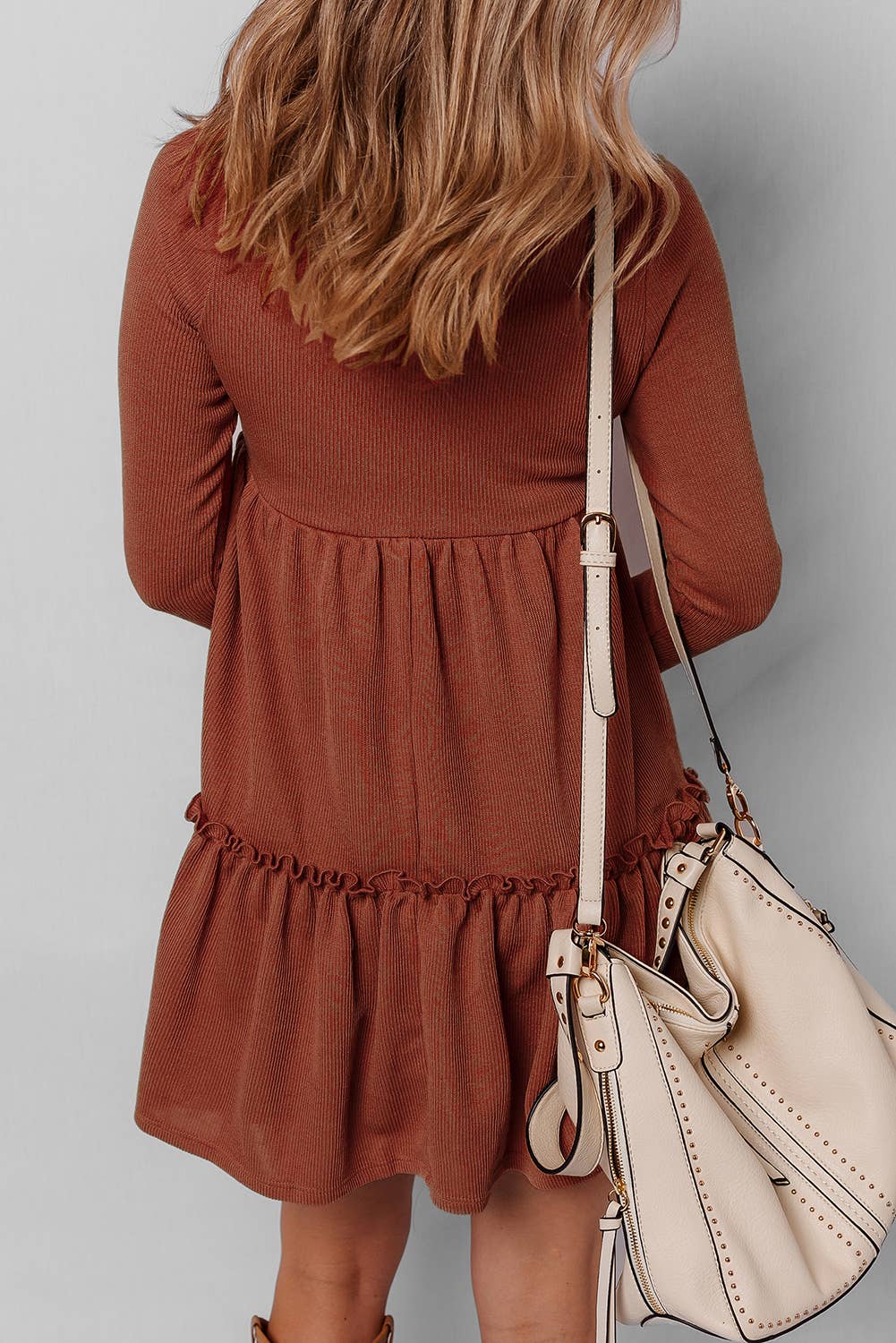 LDC Frilled Trim High Waist Long Sleeve Mini Dress: Straw Yellow / M