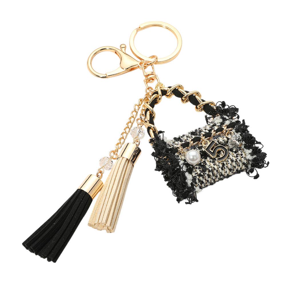 Pearl Number Five Stone Charm Accent Tweed Handbag Tassel Keychain / Bag Charm: Pink