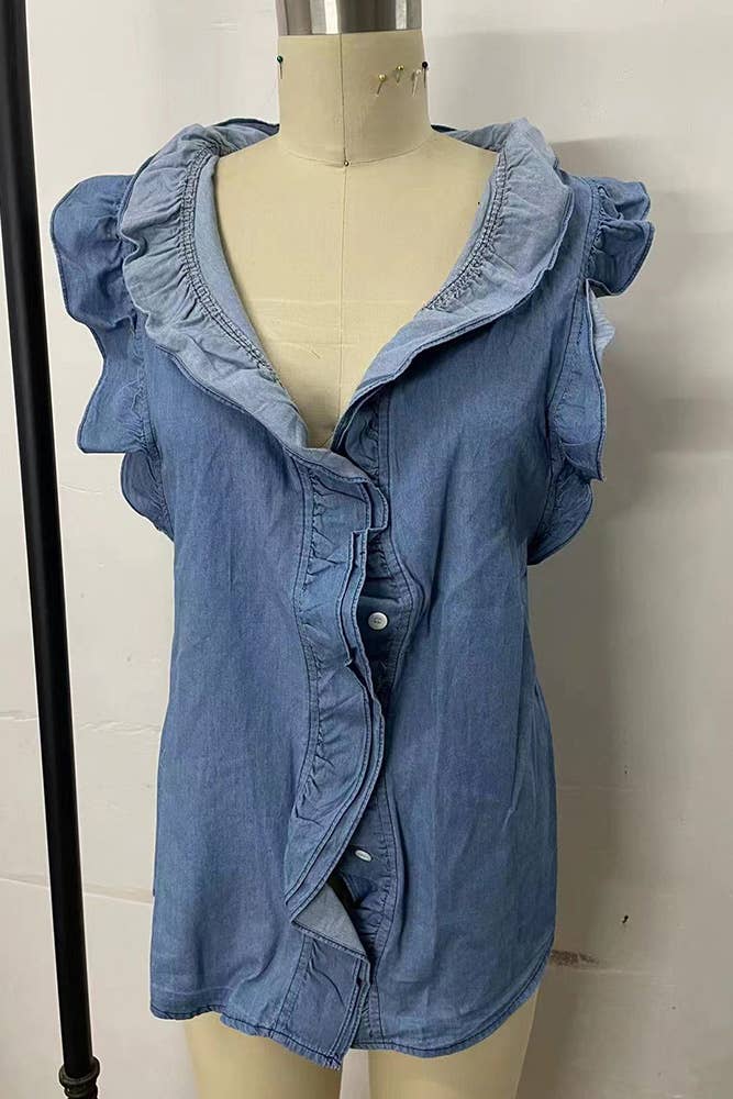 Blue Sleeveless Washed Denim Tank Top BBSP043: Blue / M
