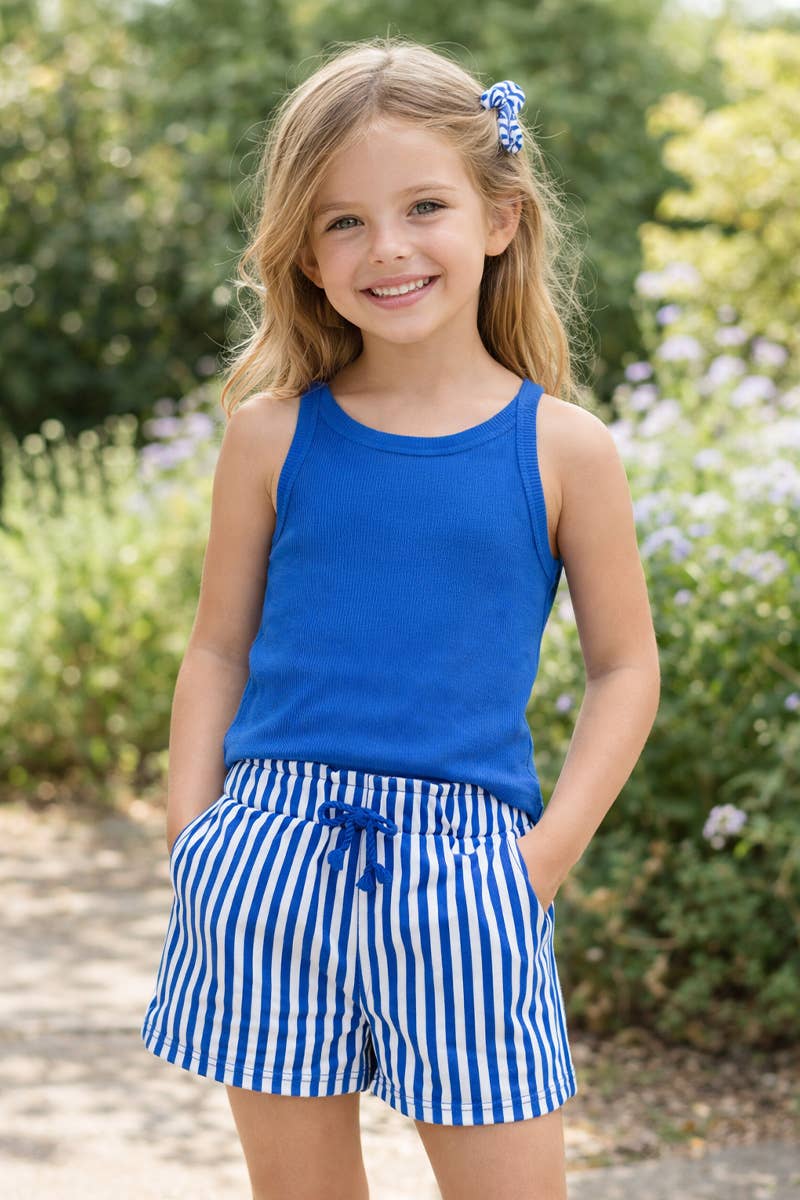 GKSS-Y26-38185- Girl's Stipe Short Set w/ Matching Scrunchie: Blue / 6