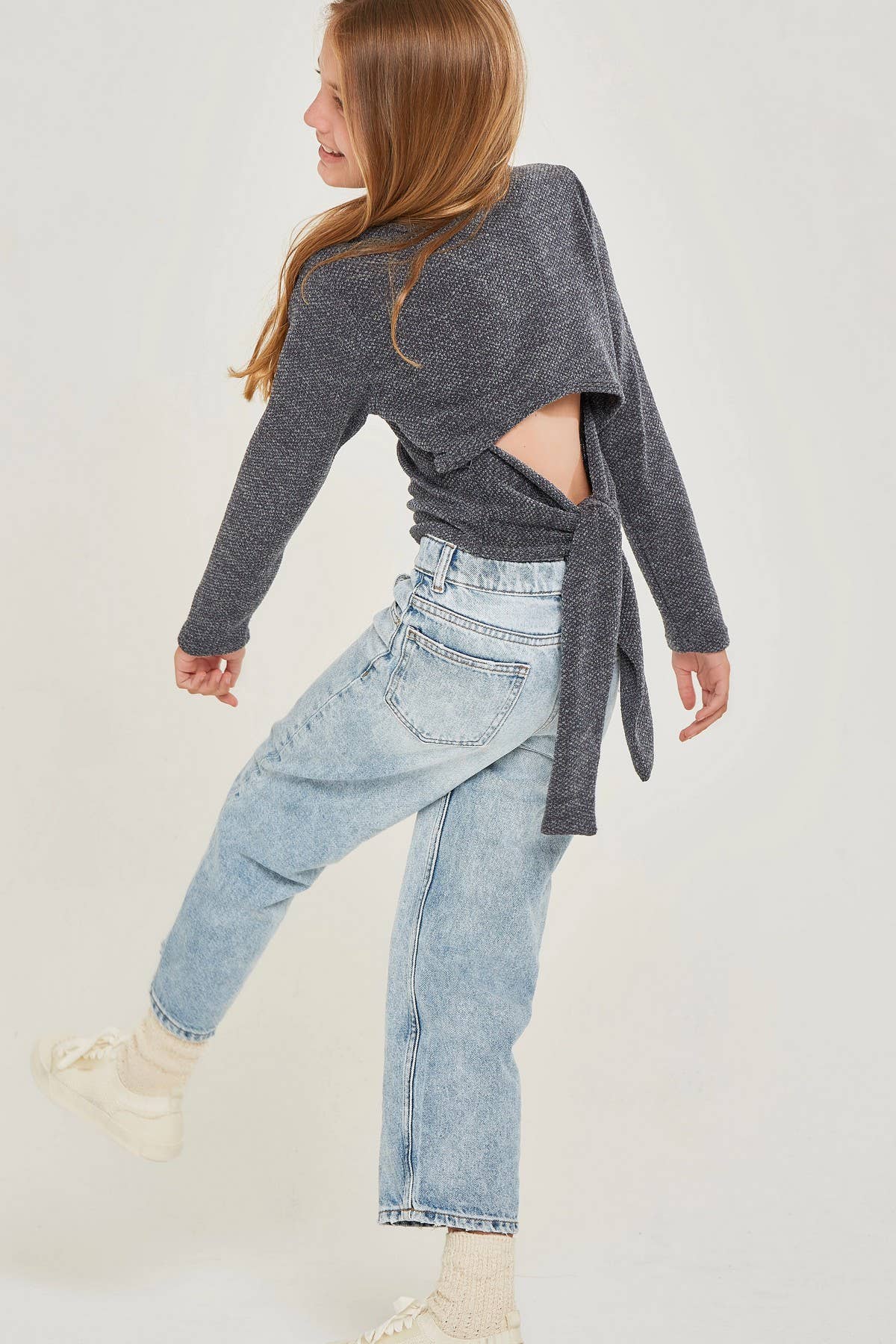 Self-Tie Open Back Chunky Knit Sweater: MAUVE / M