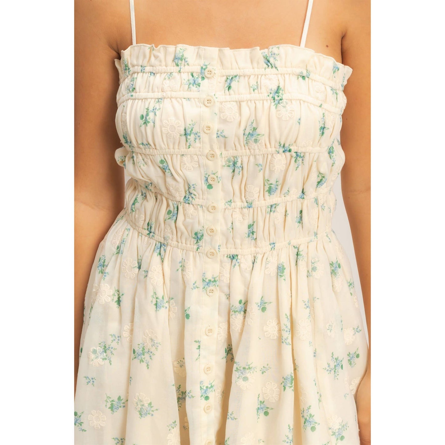 Shirred Floral Button-Front Mini: PINK / S-M-L(2-2-2)